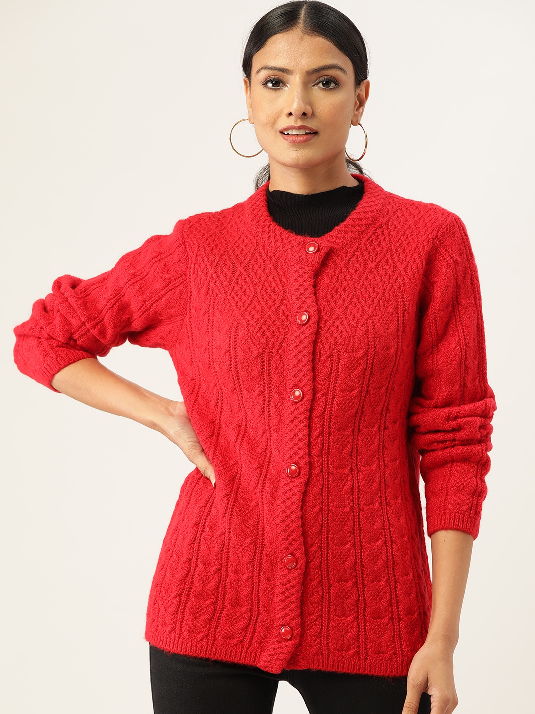 

Madame Women Red Cable Knit Cardigan