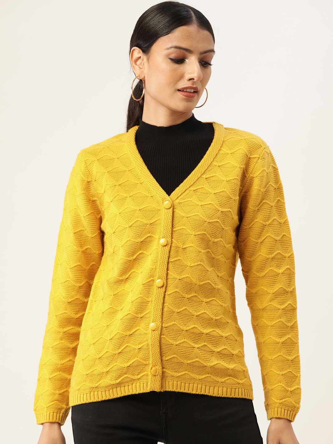 

Madame Women Mustard Yellow Geometric Self Design Cardigan