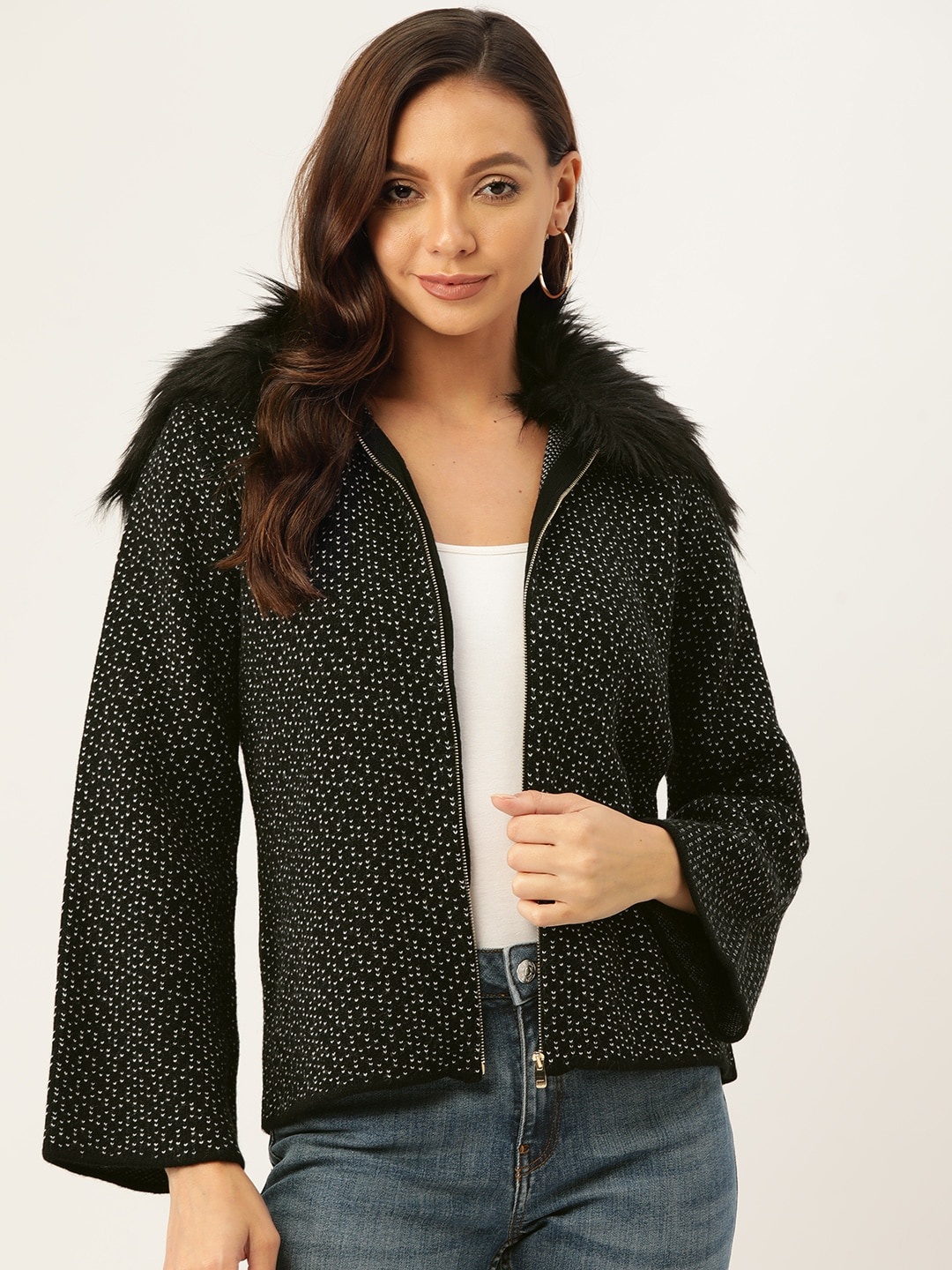 

Madame Women Black & White Self Design Cardigan with Attachable Faux Fur Collar