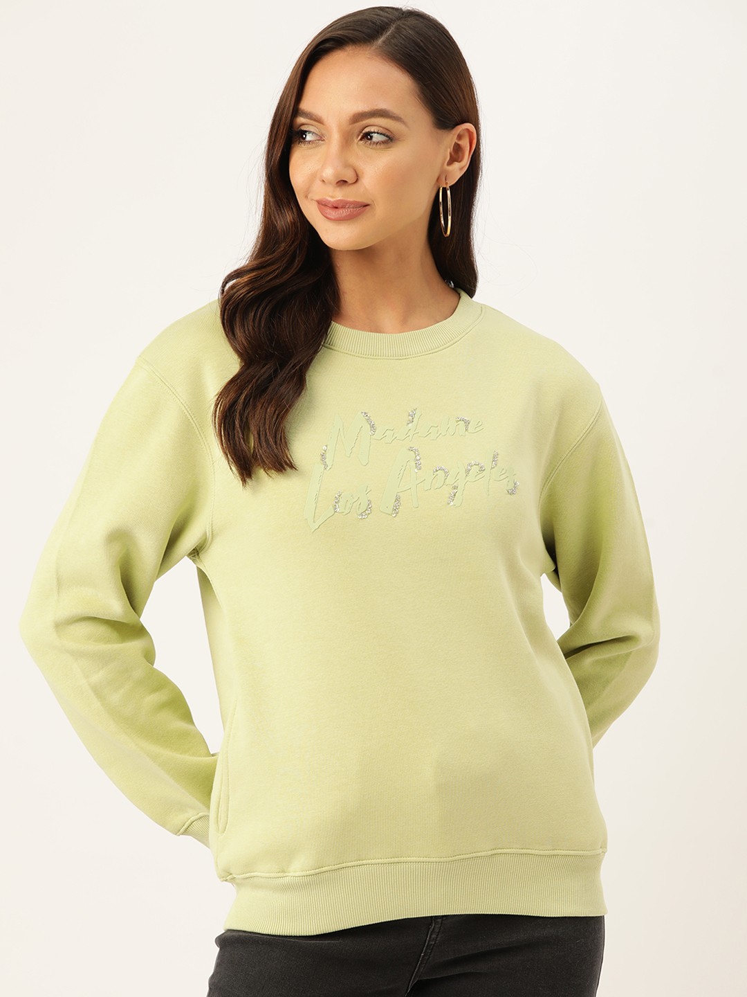

Madame Women Lime Green Brand Logo Printed Embellished Detail Sweatshirt