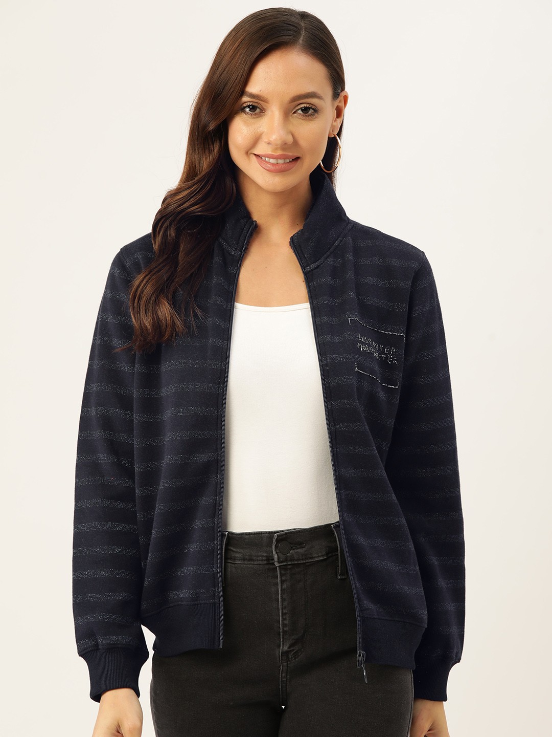 

Madame Women Navy Blue Striped Sweatshirt