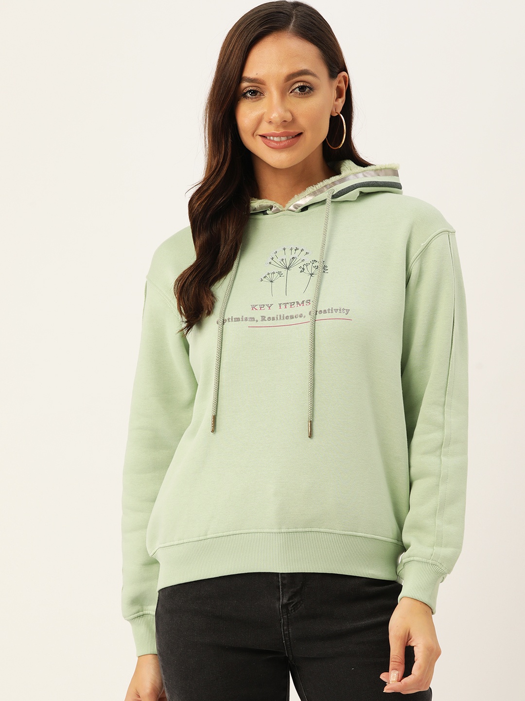 

Madame Women Green Printed Hooded Sweatshirt