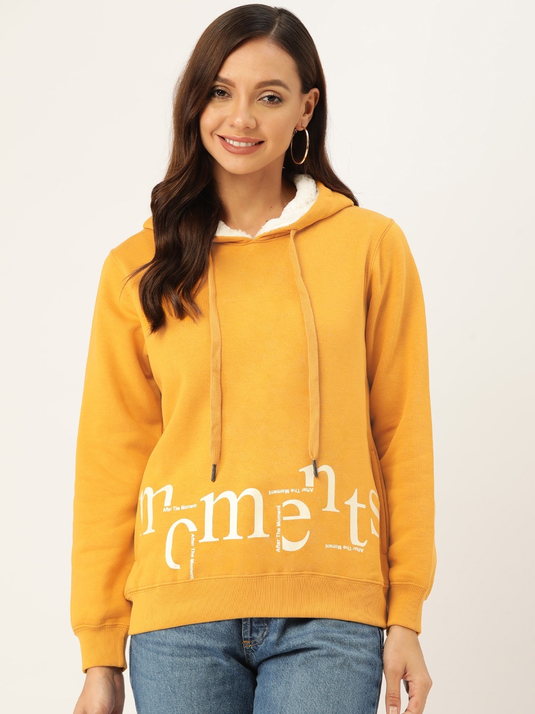 

Madame Women Mustard Printed Hooded Sweatshirt