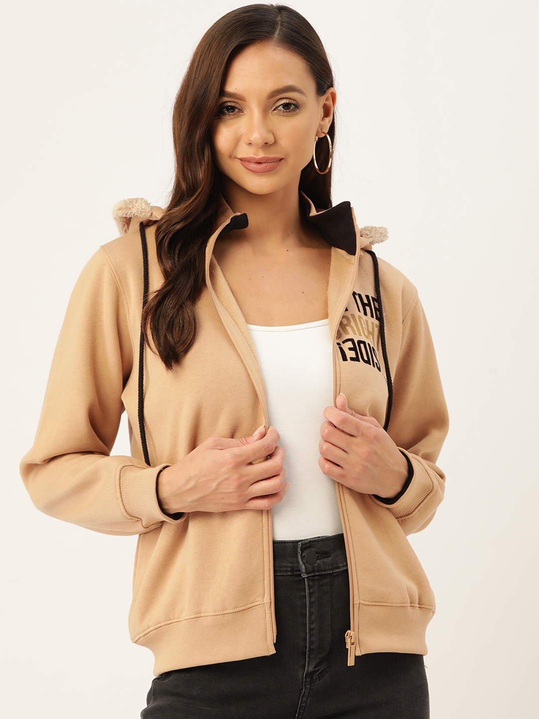 

Madame Women Beige Printed Hooded Sweatshirt