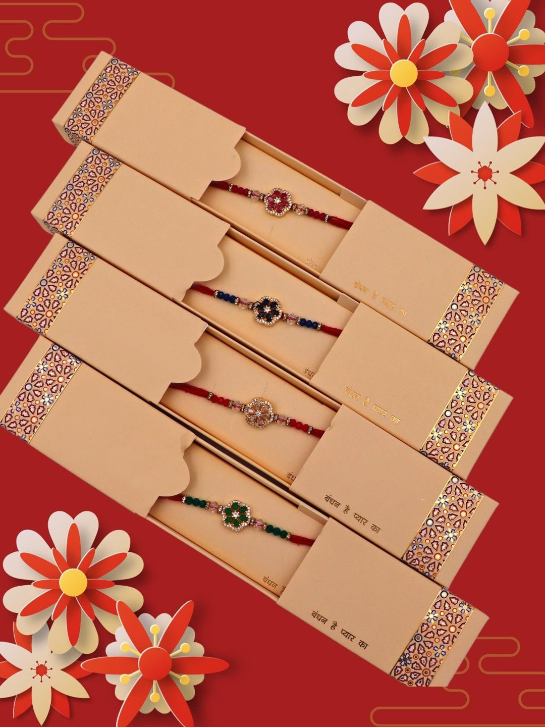 

YOUSTYLO Kids Red & Blue Pack of 4 Stone Studded Rakhi With Roli, Chawal & Greeting Card