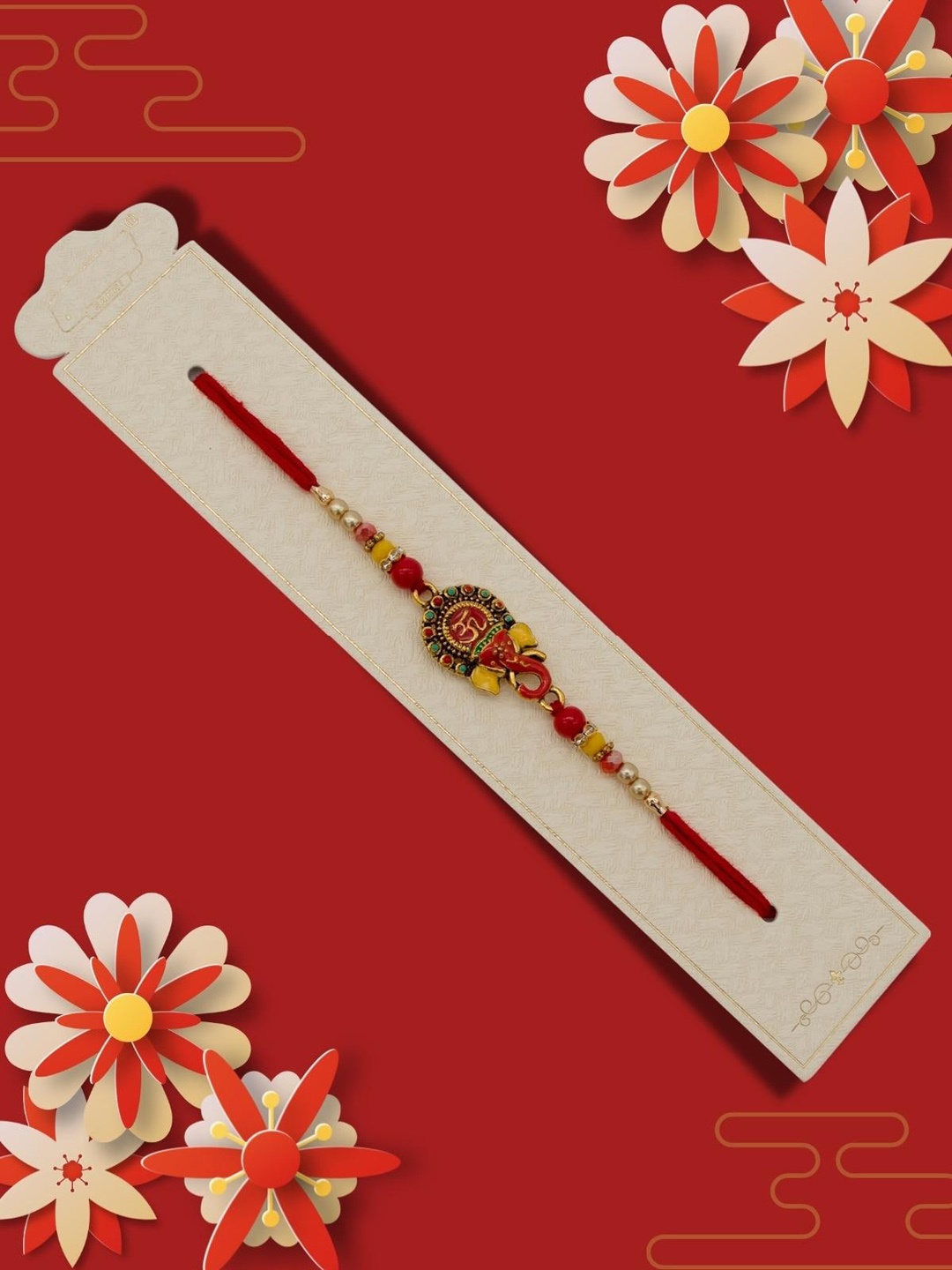 

YOUSTYLO Red Yellow Ganesha Studded Thread Rakhi Combo