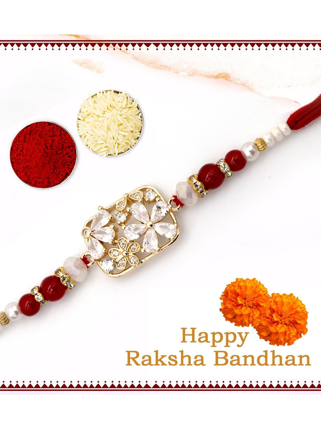 

YOUSTYLO Red & Gold-Toned Stone Studded Rakhi With Greeting Card & Roli Chawal