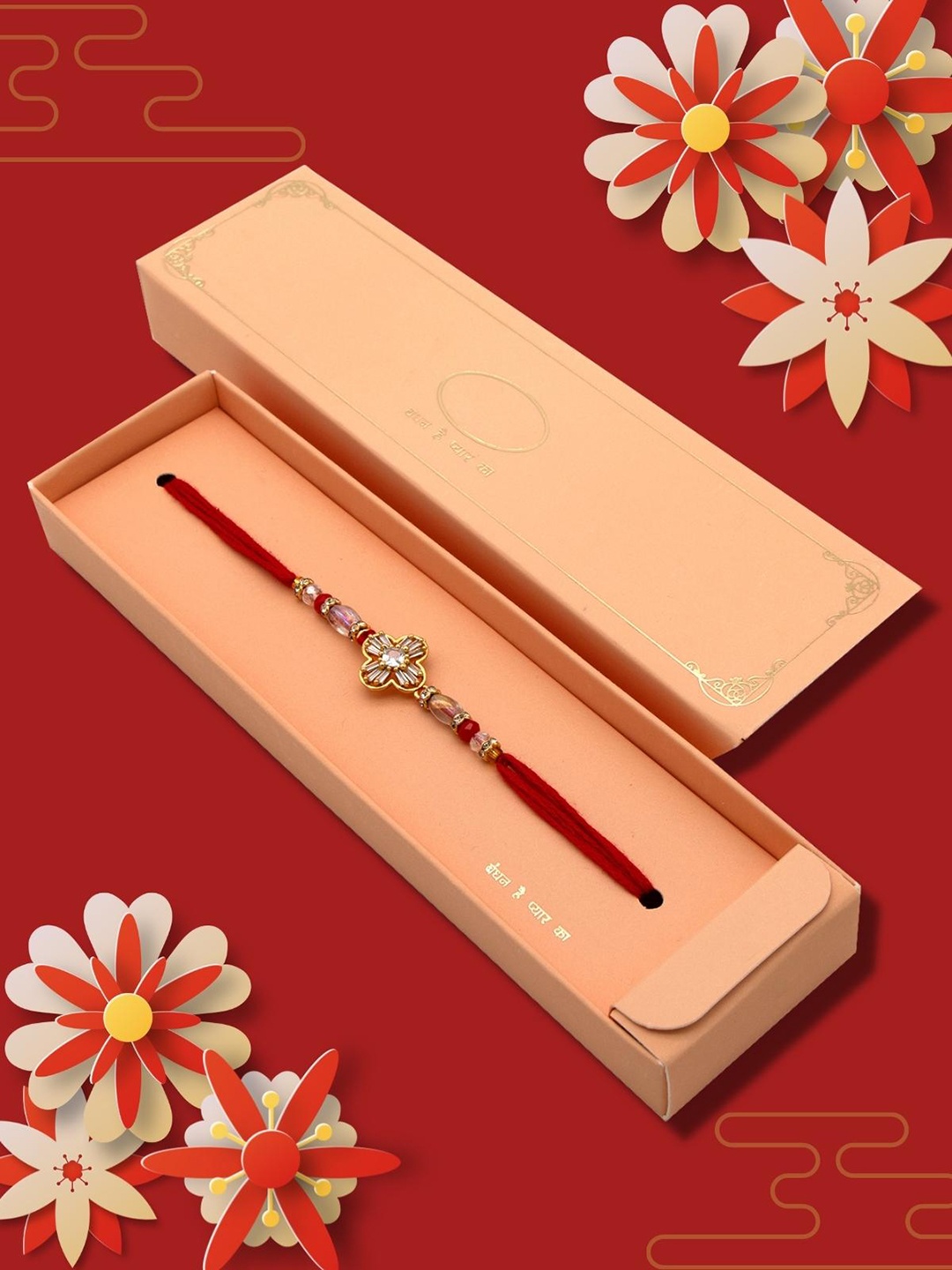 

YOUSTYLO Red Stone Studded Rakhi With Greeting Card & Roli Chawal