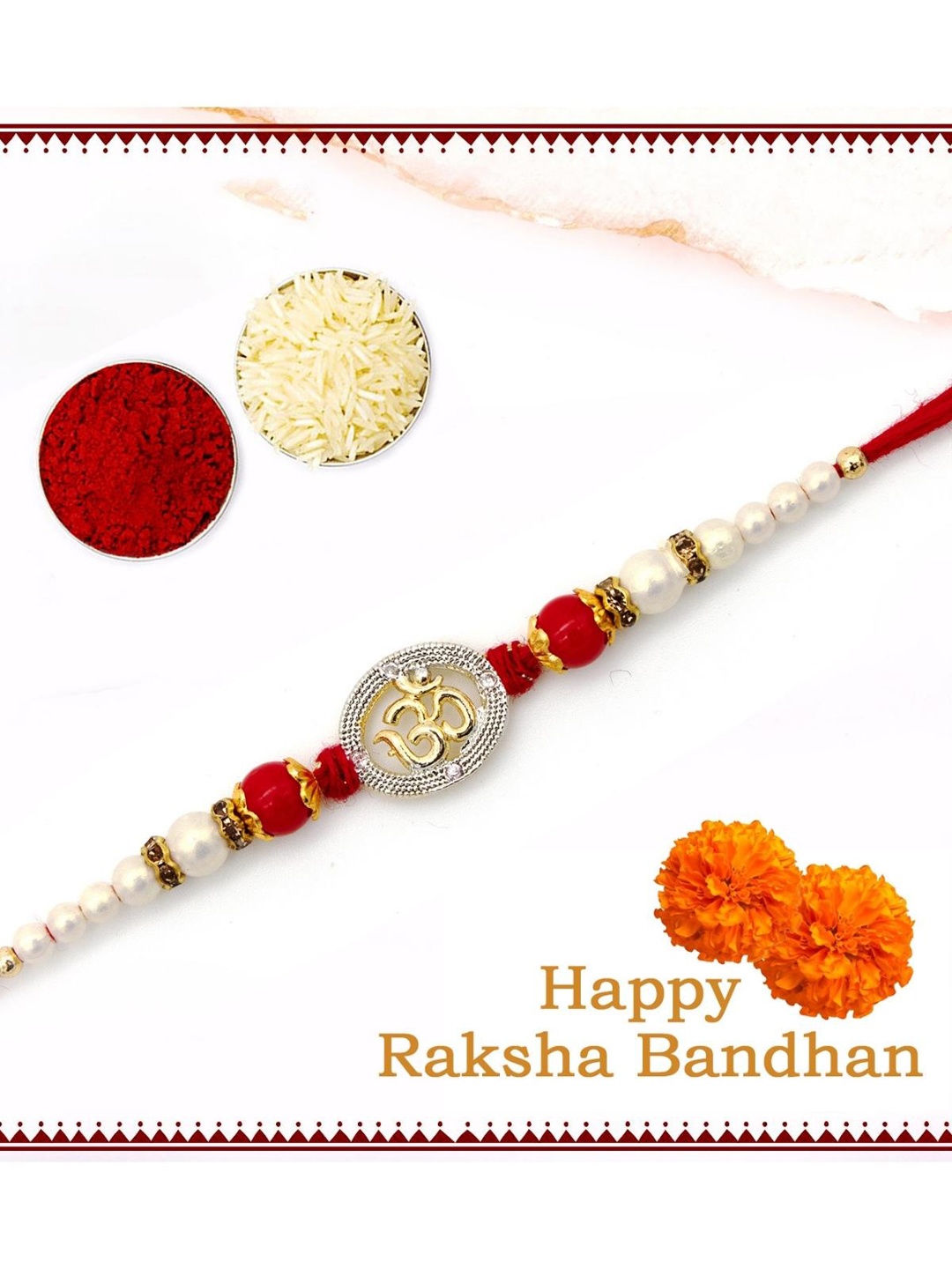 

YOUSTYLO Red & White Om Rakhi With Roli, Chawal & Greeting Card