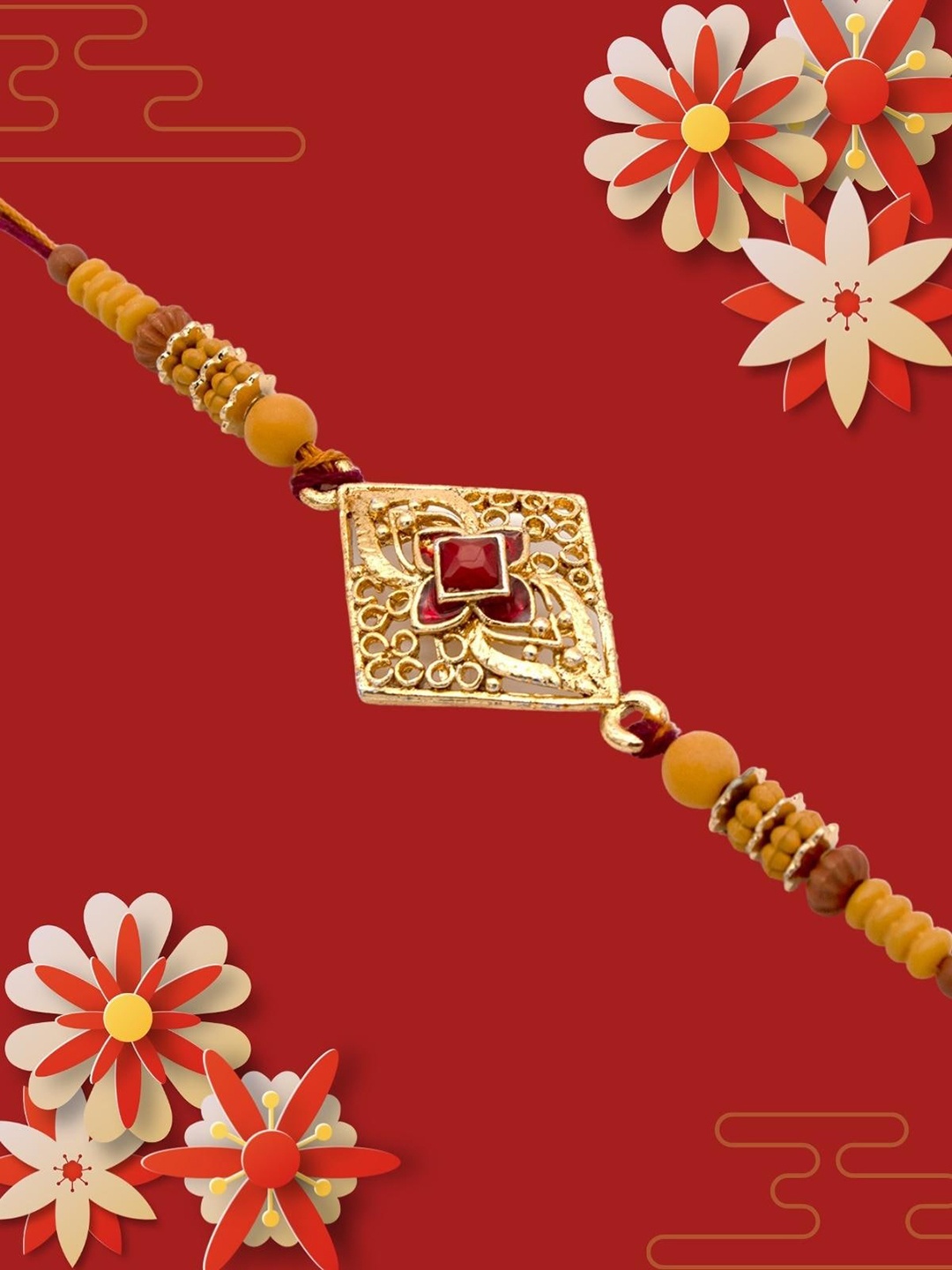 

YOUSTYLO Kids Gold-Toned & Yellow Beaded Rakhi With Greeting Card & Roli Chawal