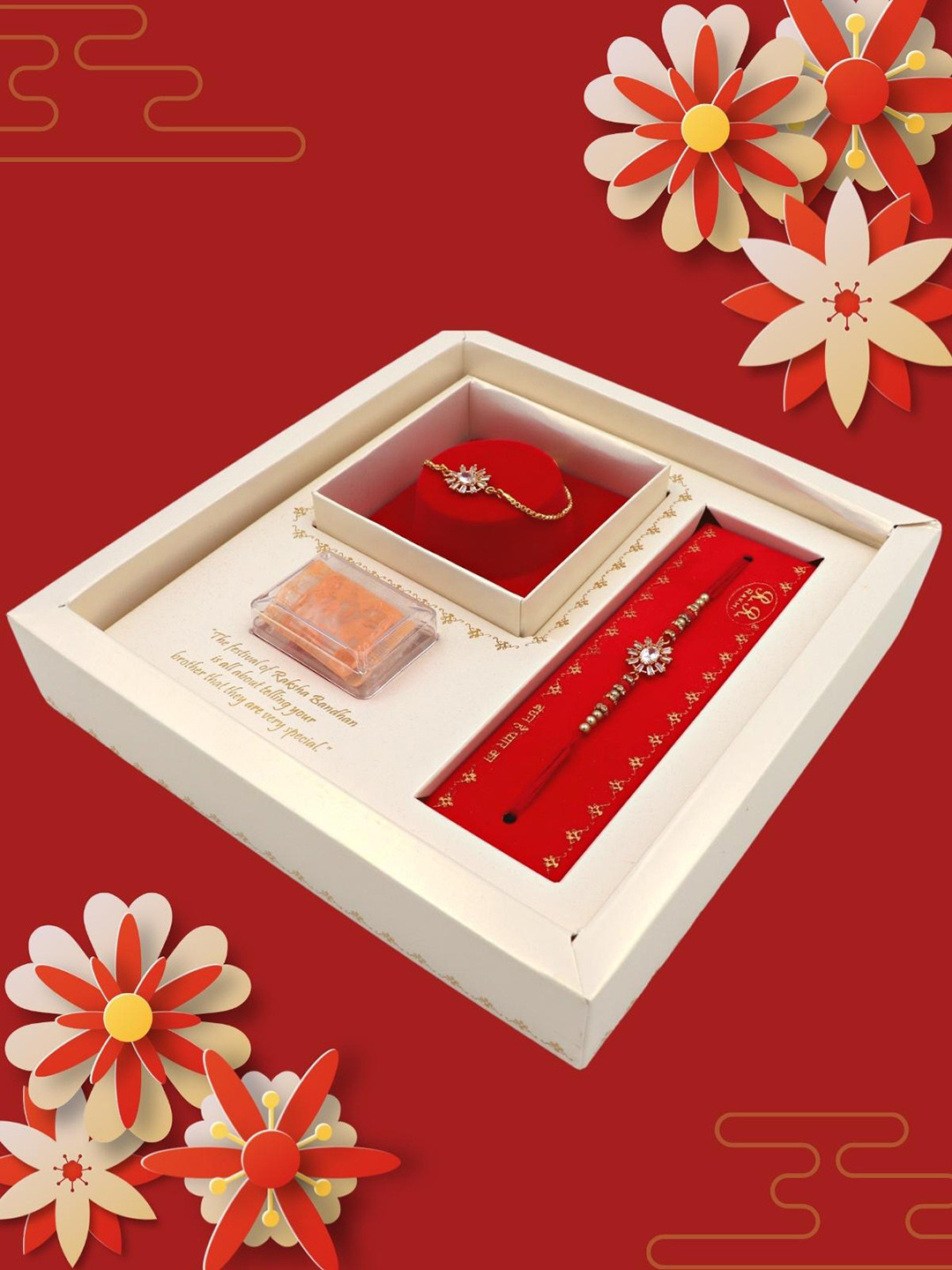 

YOUSTYLO Set of 2 Red Stone Studded Rakhi With Roli Chawal