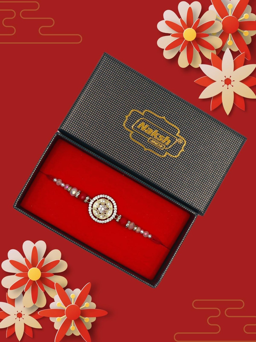 

YOUSTYLO Stone Studded Rakhi With Roli, Chawal & Greeting Card, Red