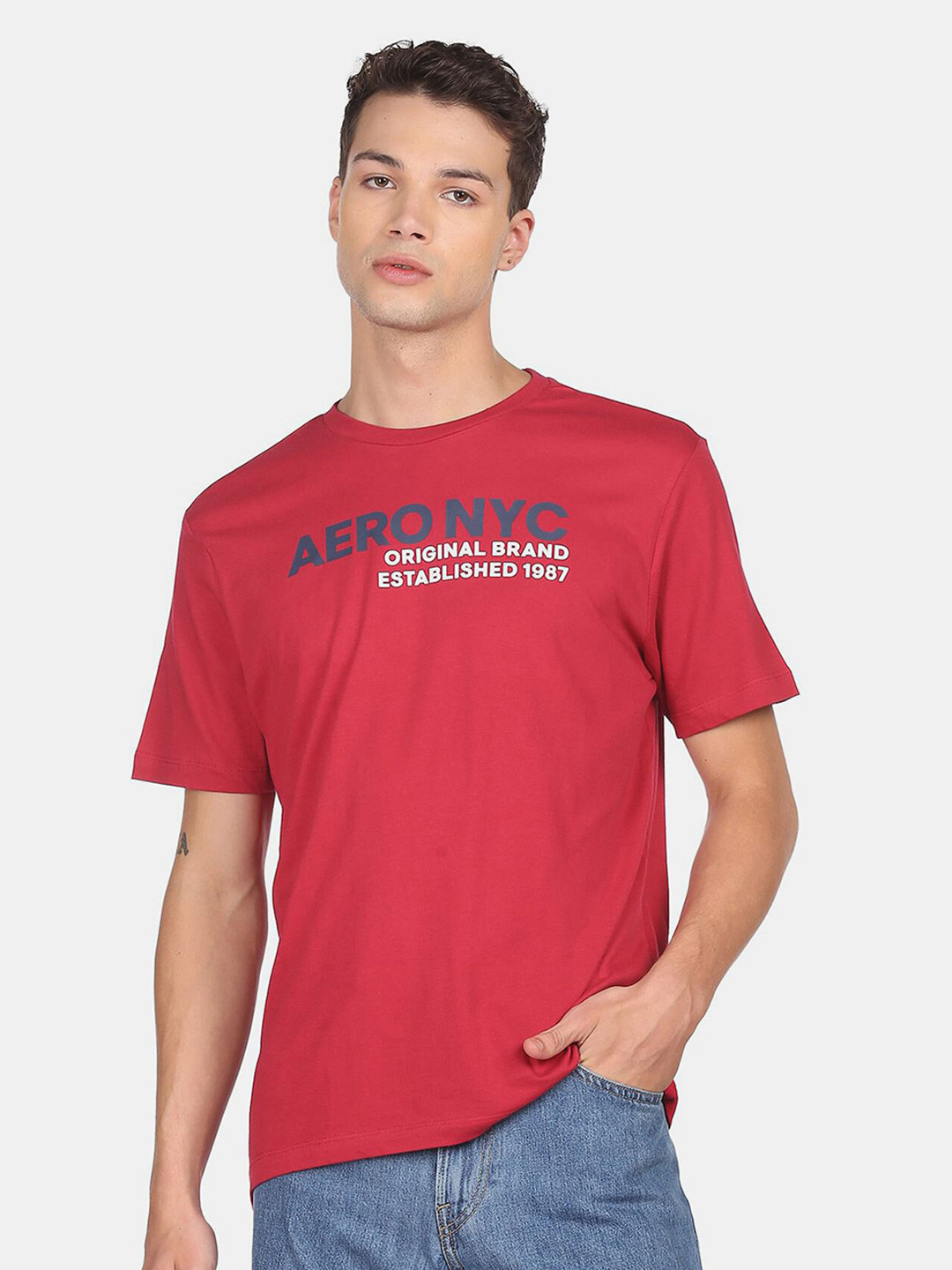 

Aeropostale Men Red Typography Printed High Neck Applique T-shirt