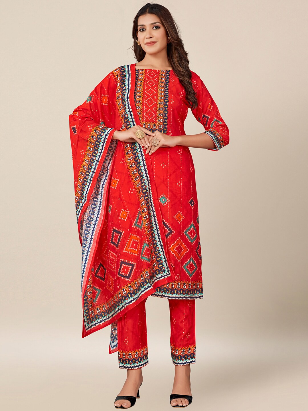 

AYKA CLOTHINGS Red & White Printed Viscose Rayon Unstitched Dress Material