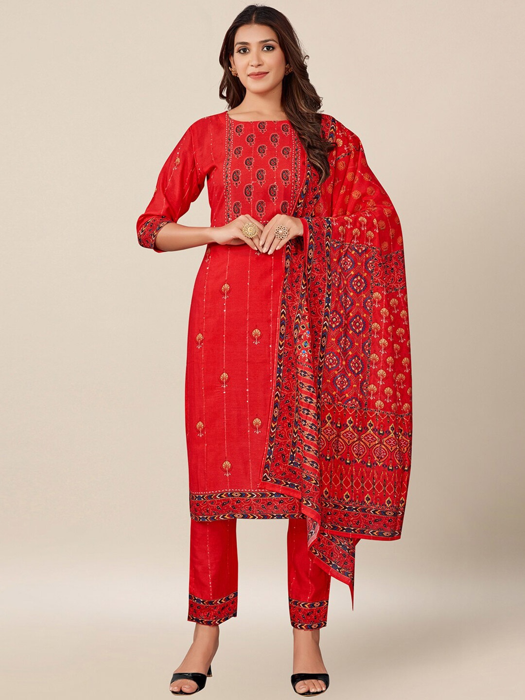 

AYKA CLOTHINGS Red Printed Viscose Rayon Unstitched Dress Material