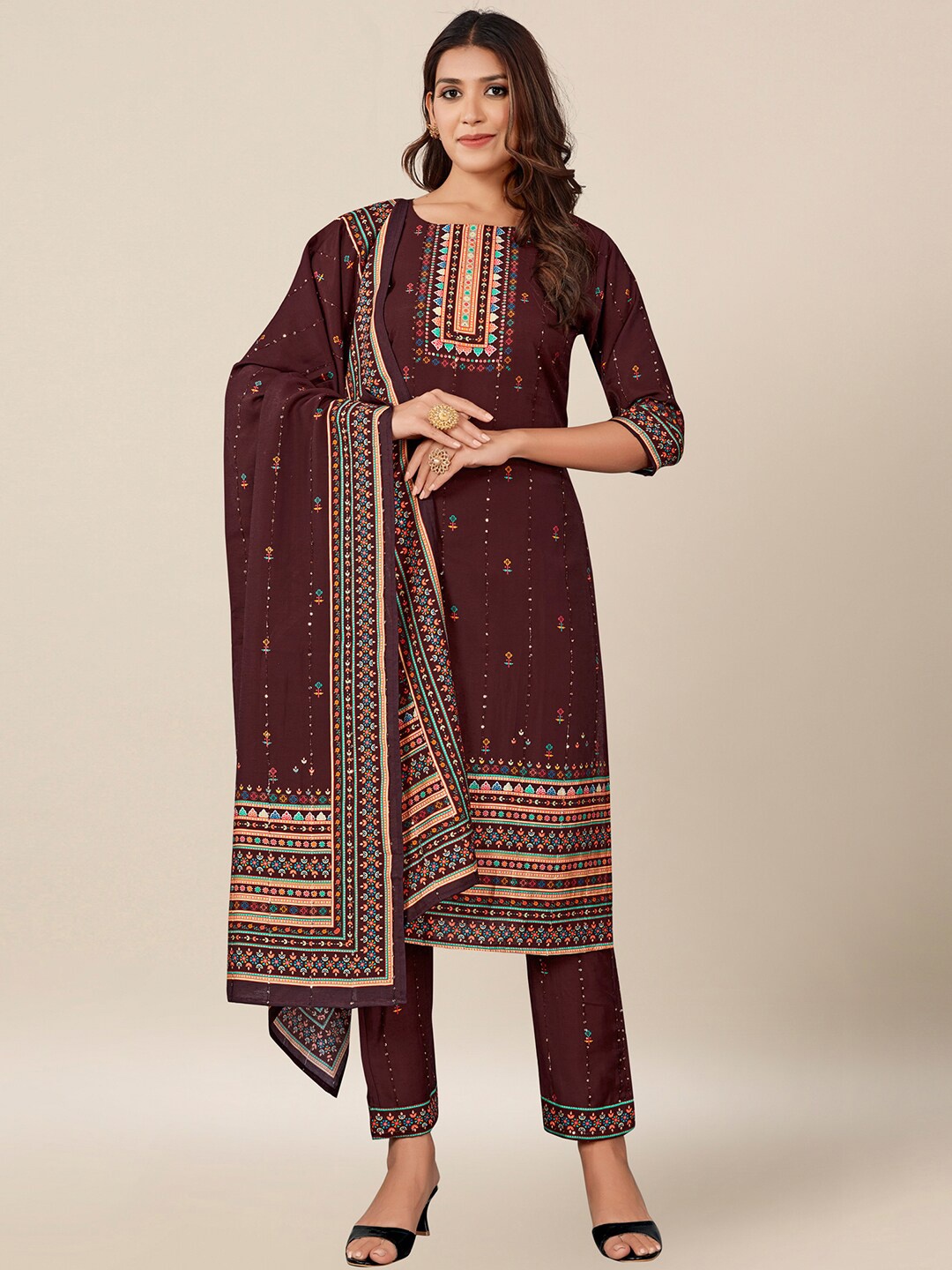

AYKA CLOTHINGS Brown & Blue Printed Viscose Rayon Unstitched Dress Material