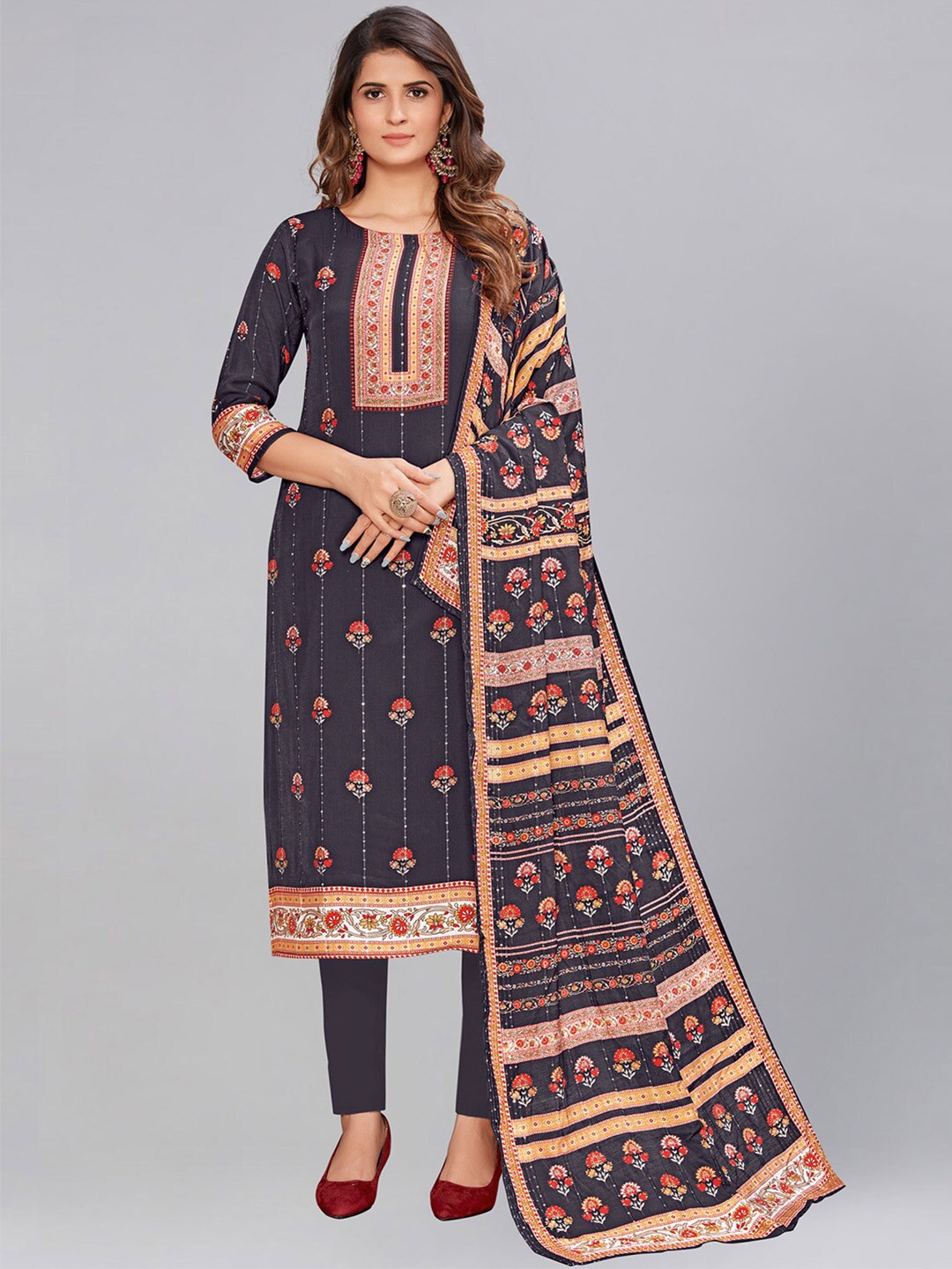 

AYKA CLOTHINGS Black & Red Printed Viscose Rayon Unstitched Dress Material