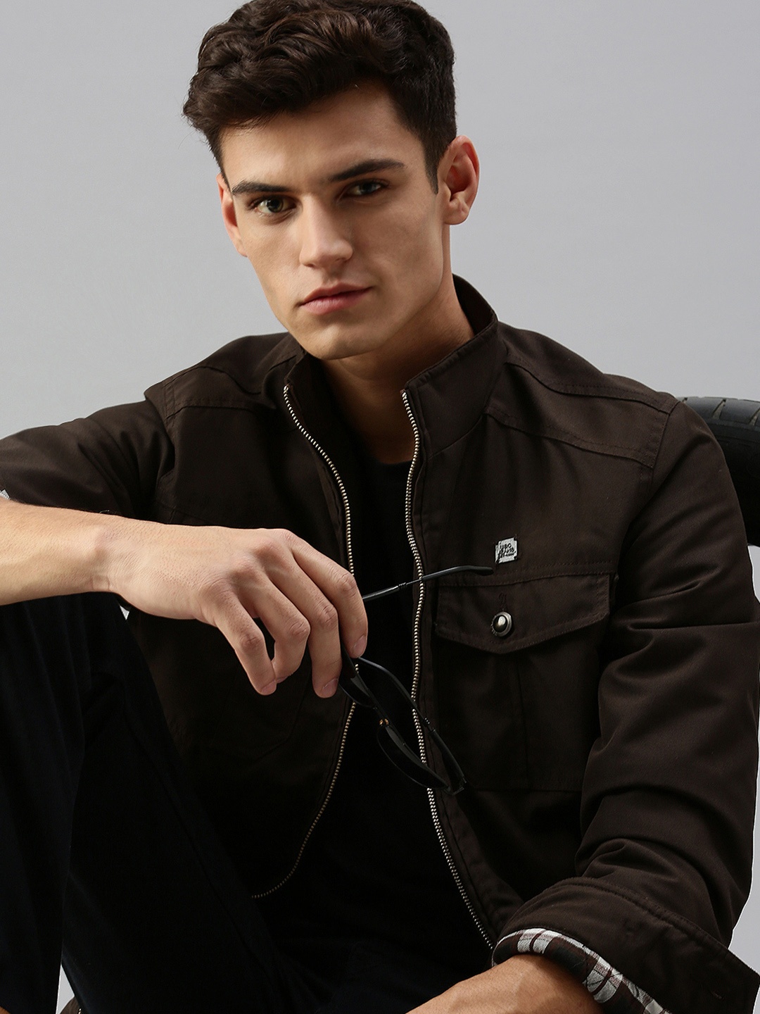 

SHOWOFF Men Brown Colourblocked Crop Bomber with Embroidered Jacket