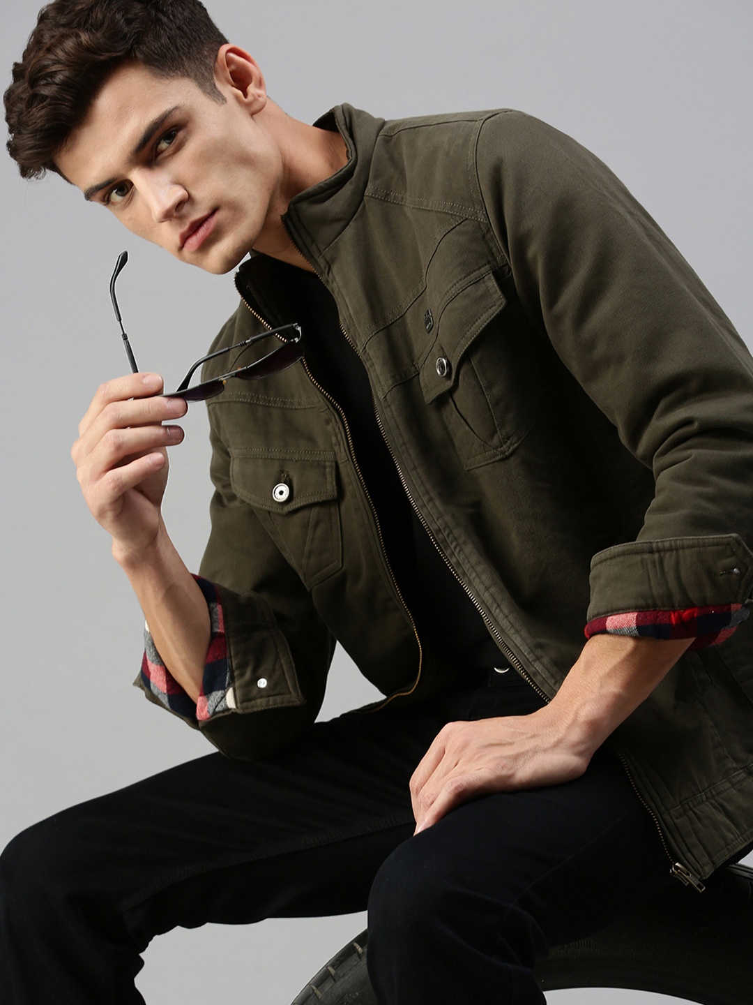 

SHOWOFF Men Olive Green Mock Collar Jacket