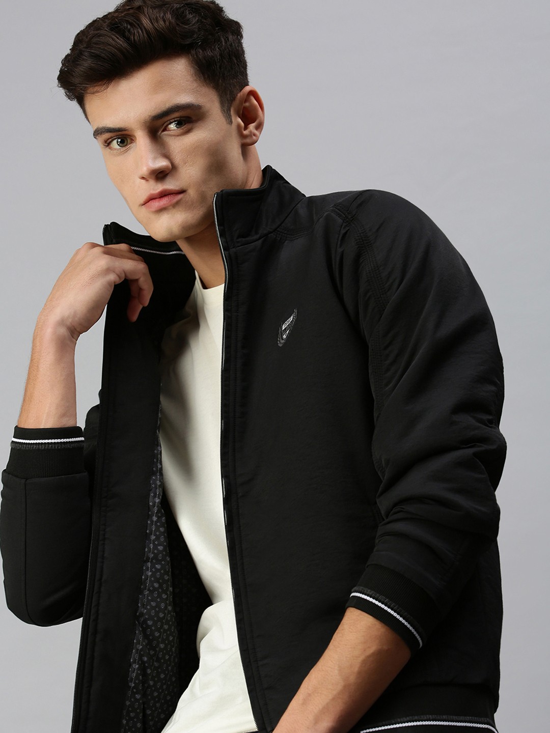 

SHOWOFF Men Navy Blue Colourblocked Bomber Jacket