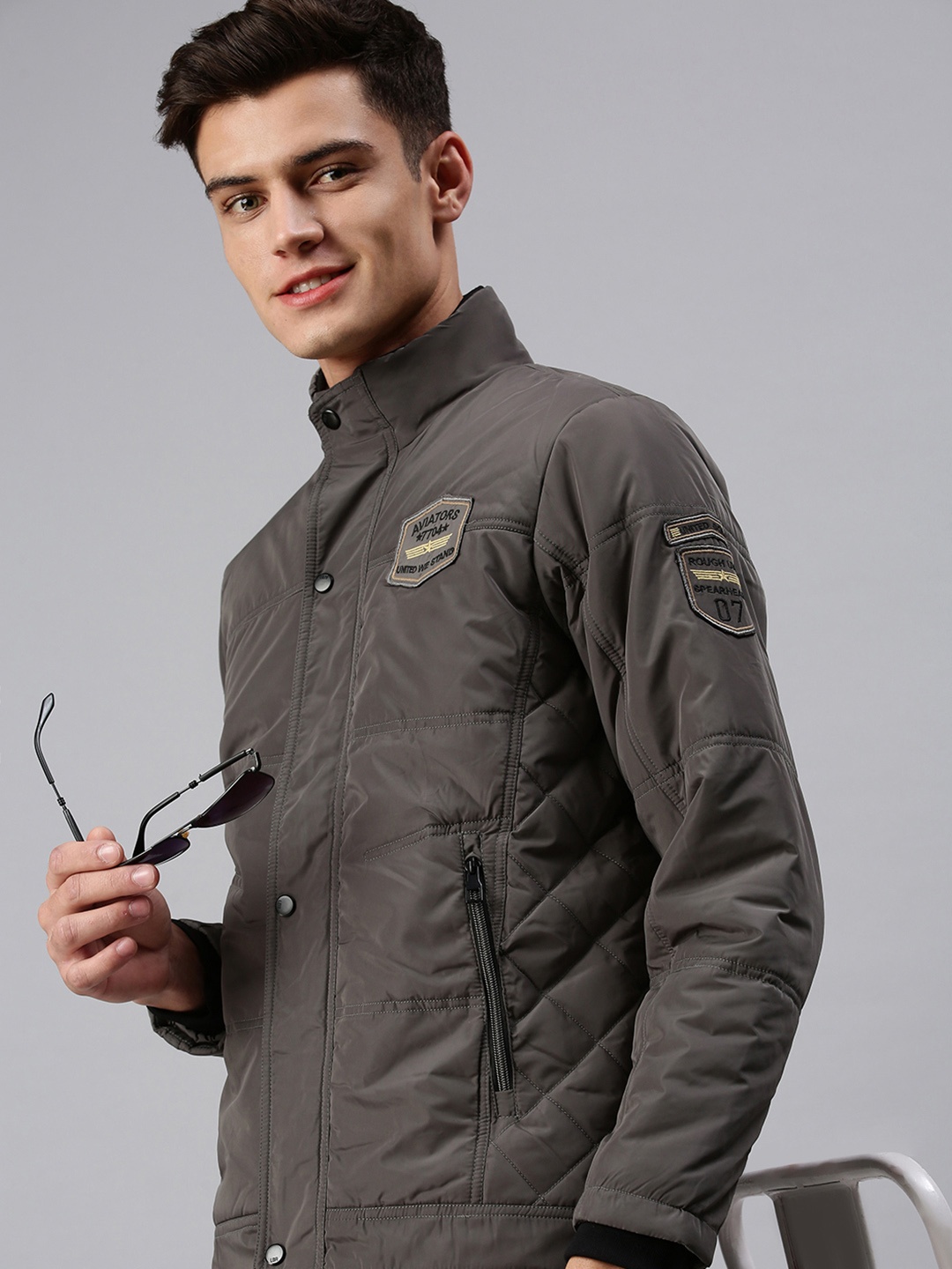 

SHOWOFF Men Grey Colourblocked Bomber with Patchwork Jacket