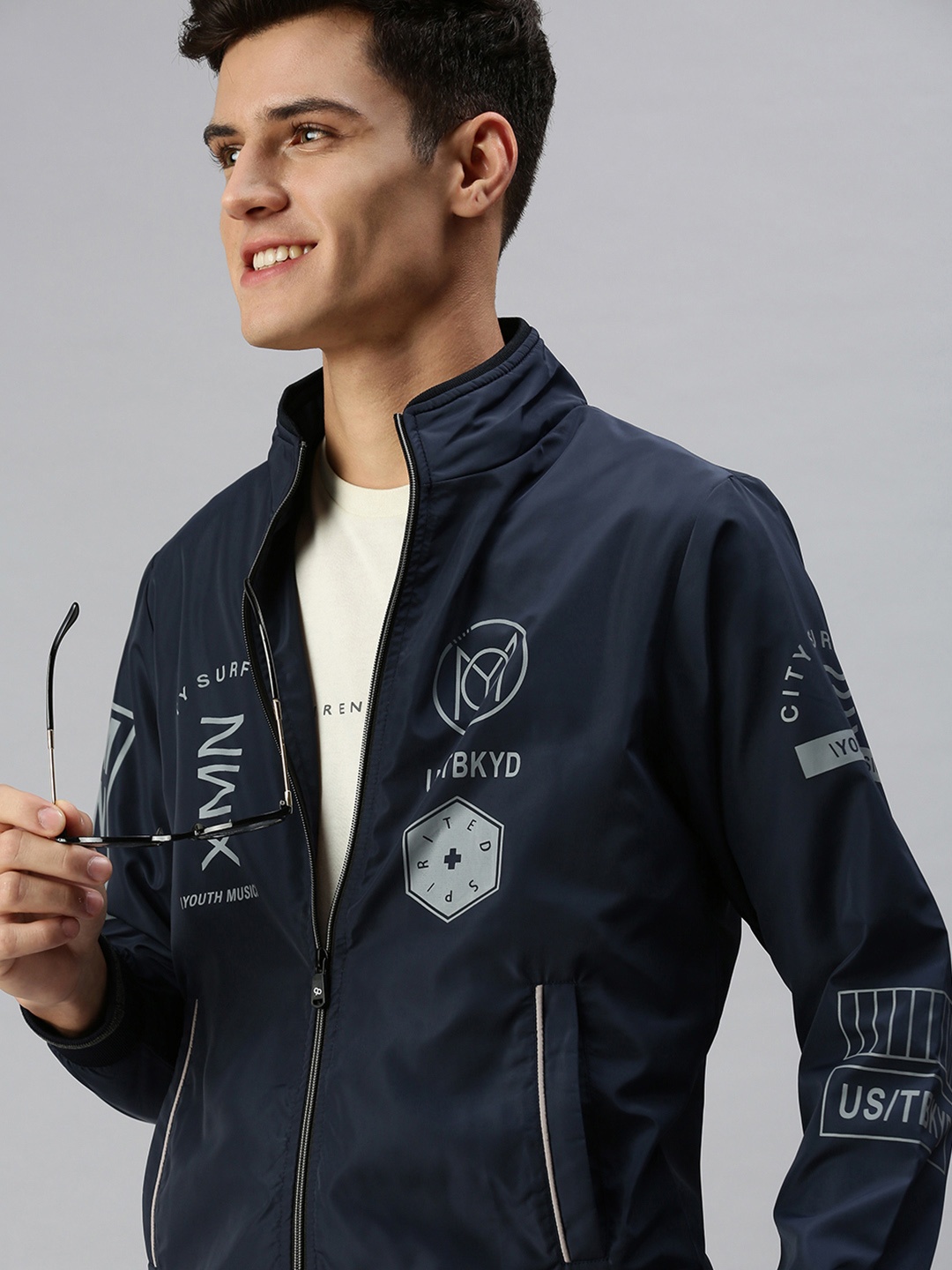 

SHOWOFF Men Navy Blue Bomber with Patchwork Jacket