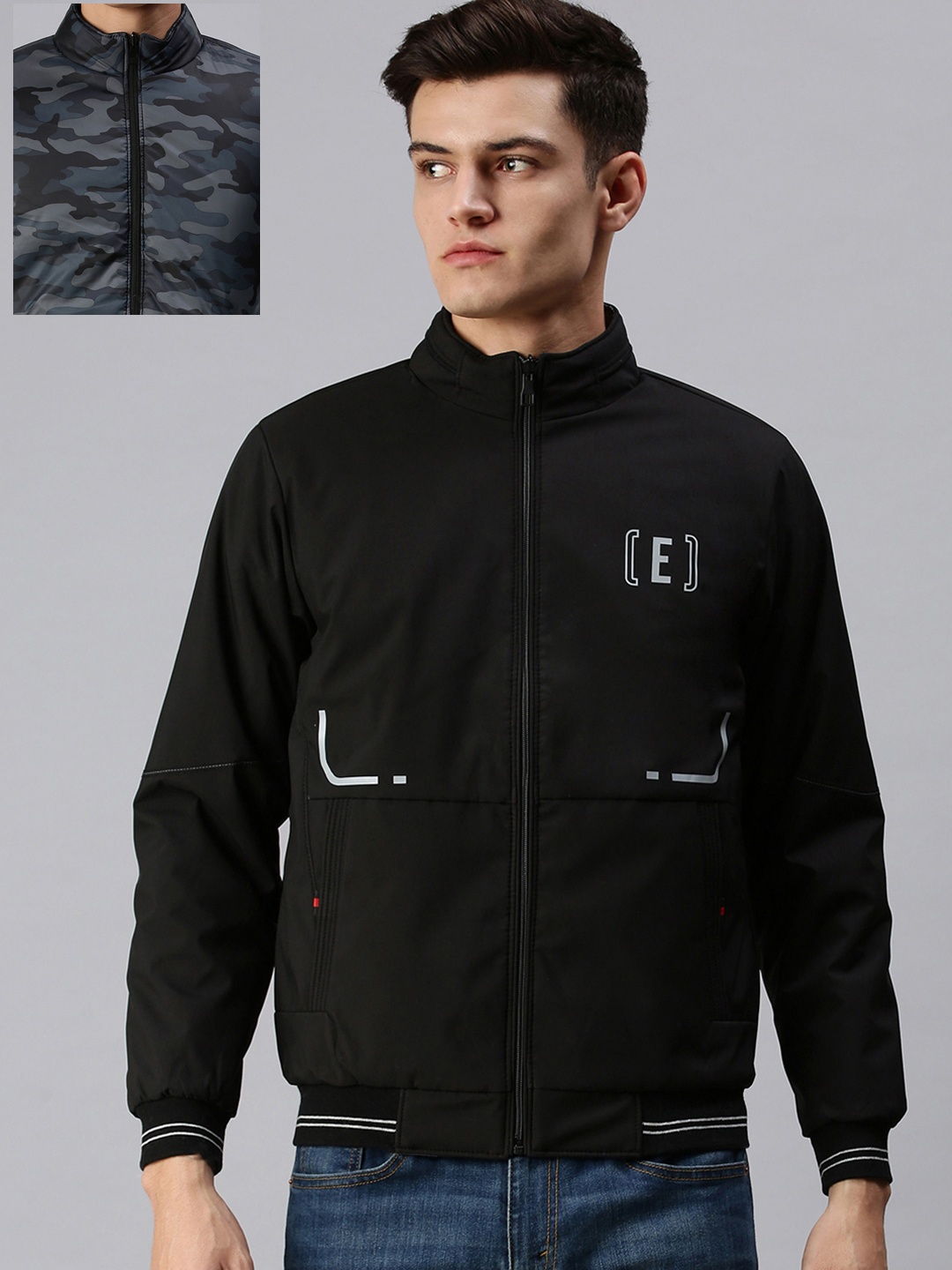 

SHOWOFF Men Black Checked Reversible Sporty Jacket with Patchwork