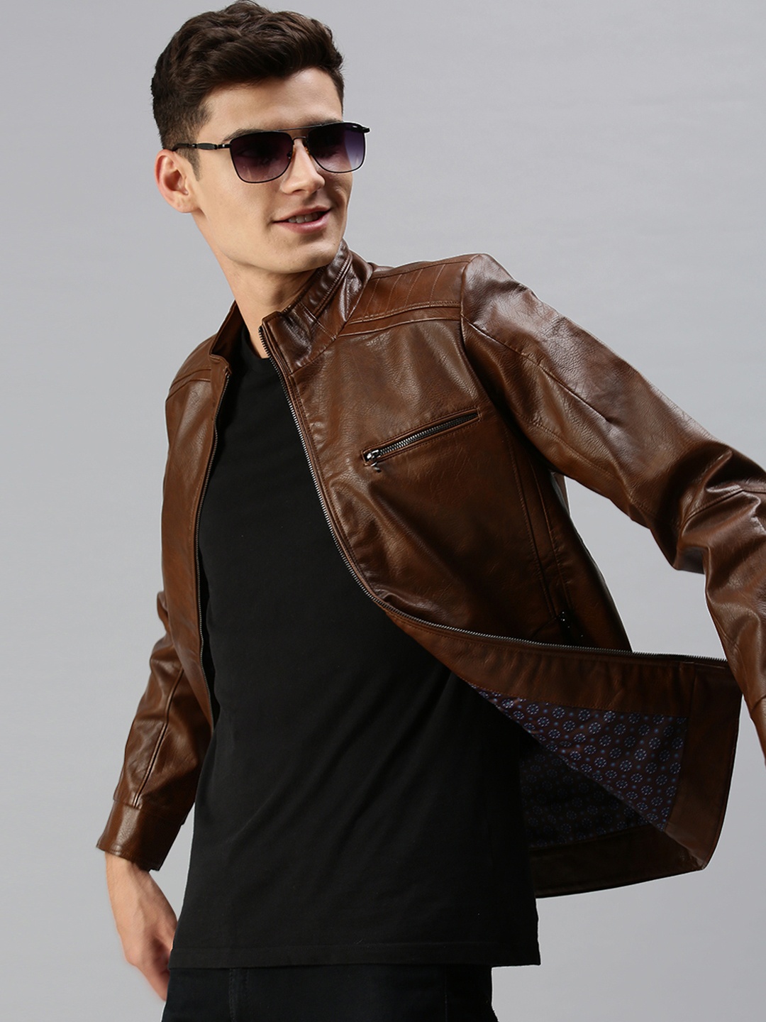 

SHOWOFF Men Coffee Brown Crop Biker Jacket