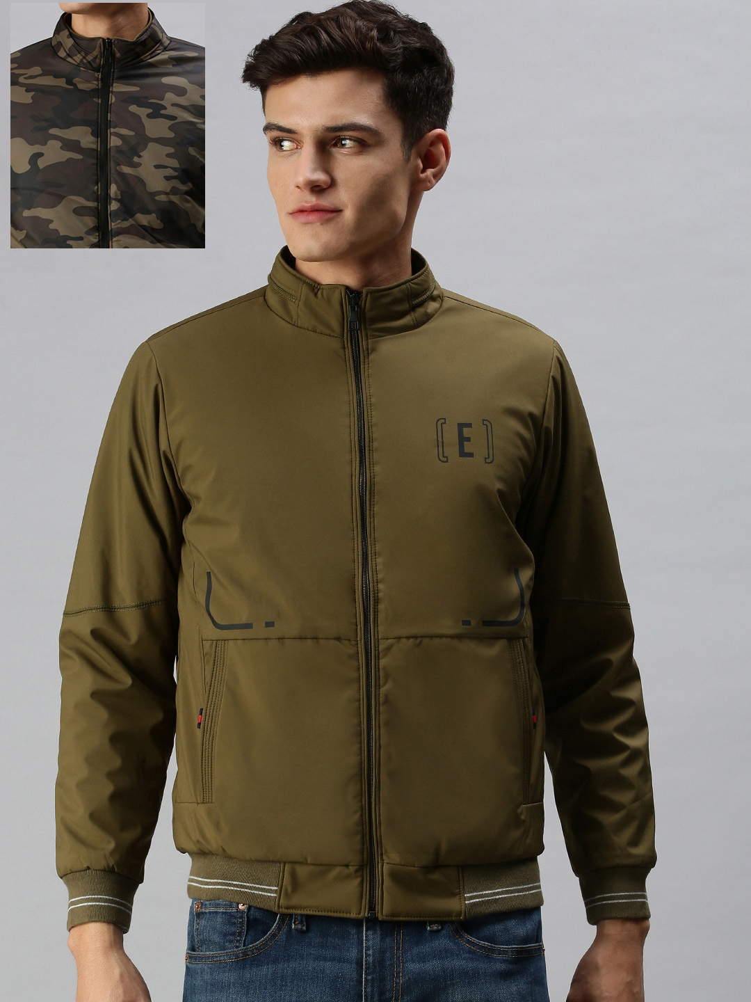 

SHOWOFF Men Olive Green Camouflage Reversible Bomber Jacket