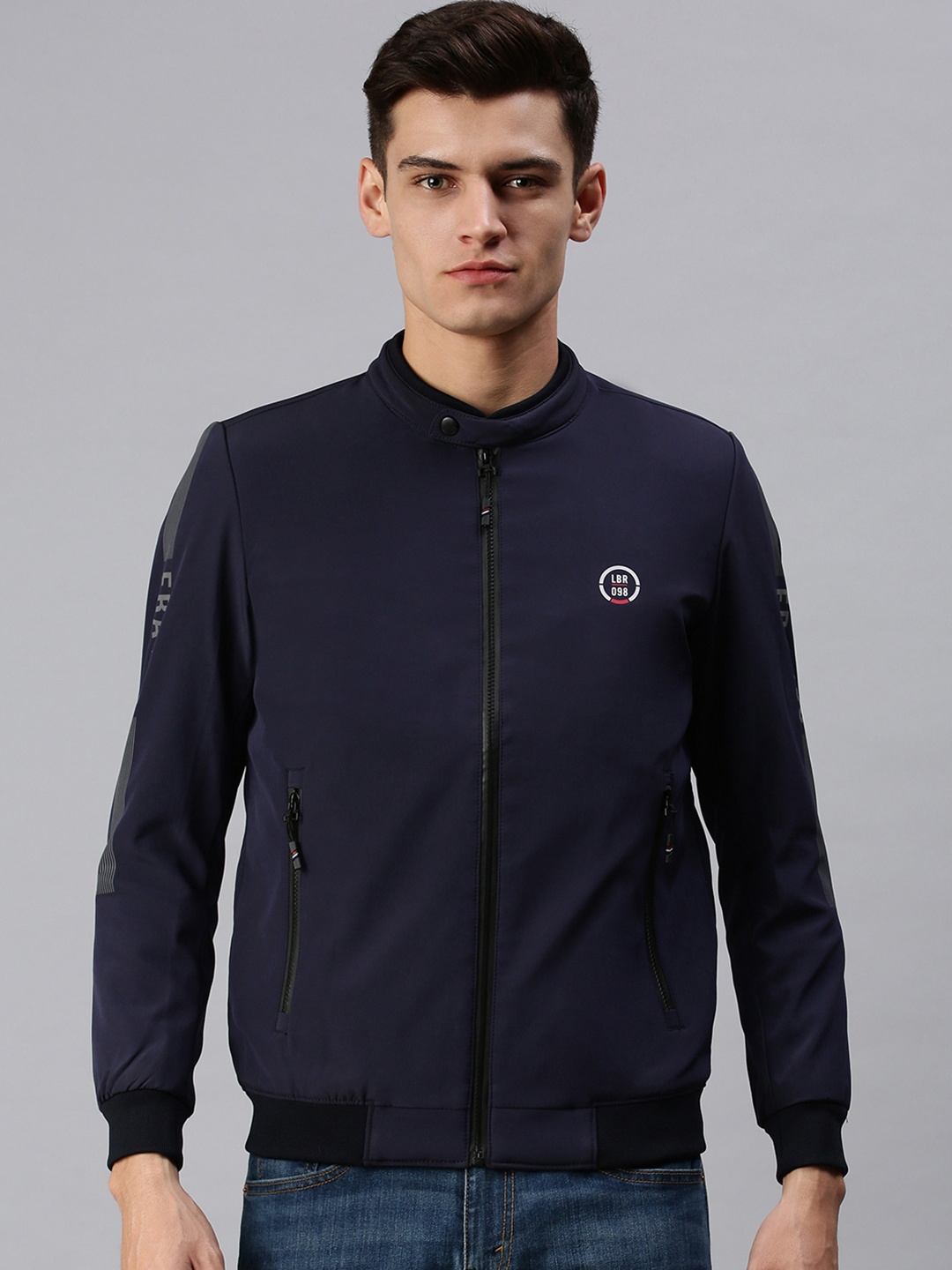 

SHOWOFF Men Navy Blue White Typography Bomber Jacket
