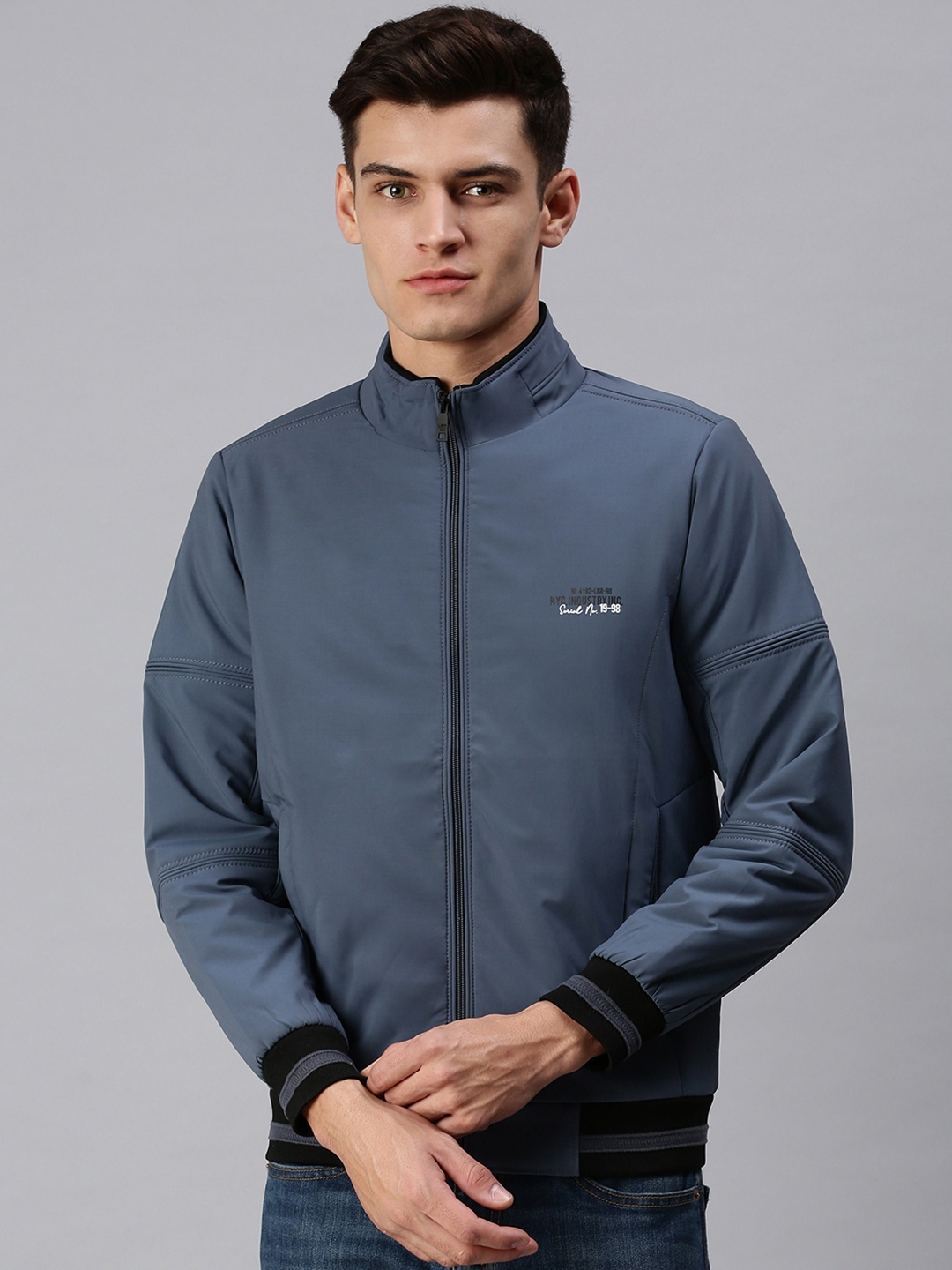

SHOWOFF Men Blue White Typography Bomber Jacket