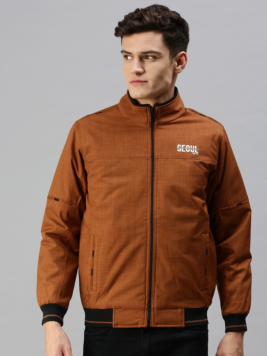 

SHOWOFF Men Rust Black Typography Bomber Jacket