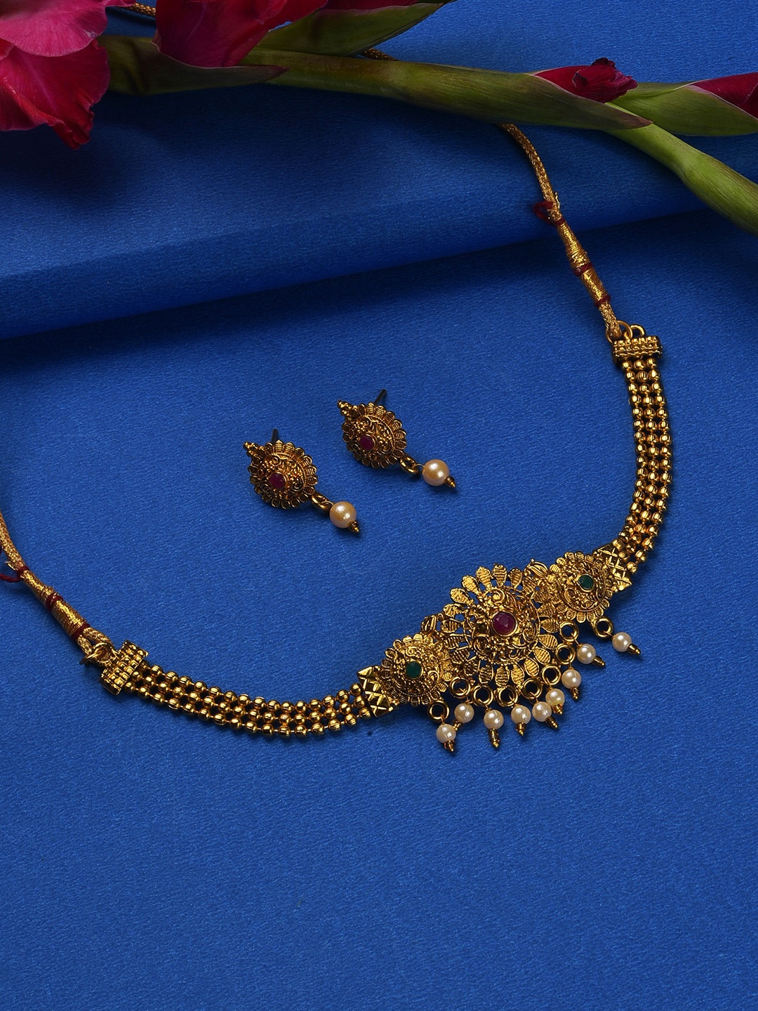 

SOHI Gold-Plated Pink & Green Stone-Studded & Beaded Jewellery Set