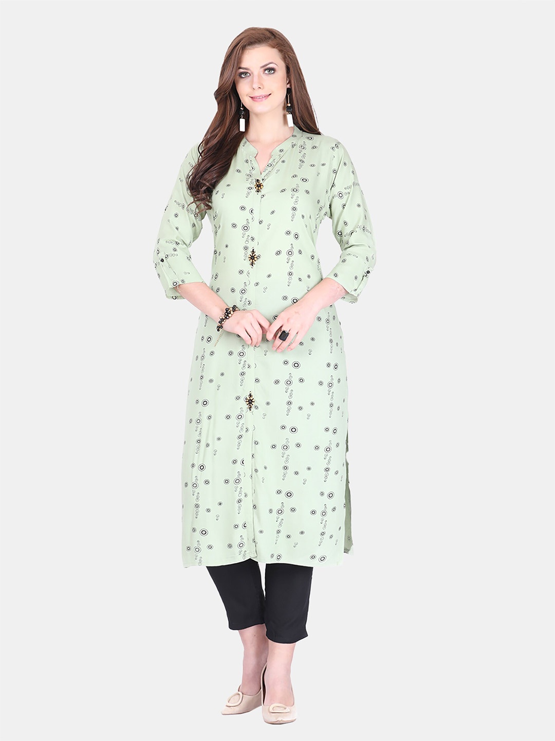 

FEMMIBELLA Women Green Floral Printed Pure Cotton Straight Kurta