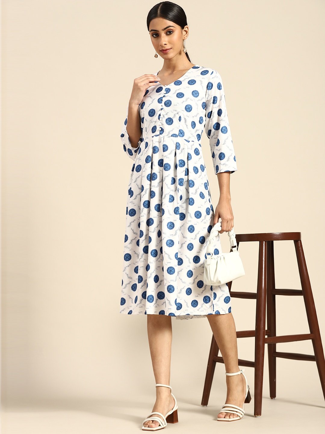 

all about you Off White & Blue Crepe A-Line Midi Dress