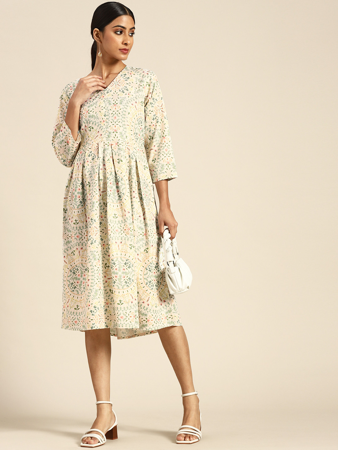 

all about you Off White & Green Floral Crepe A-Line Midi Dress