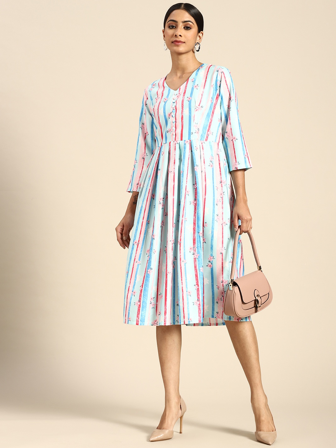 

all about you Blue & Pink Crepe A-Line Midi Dress