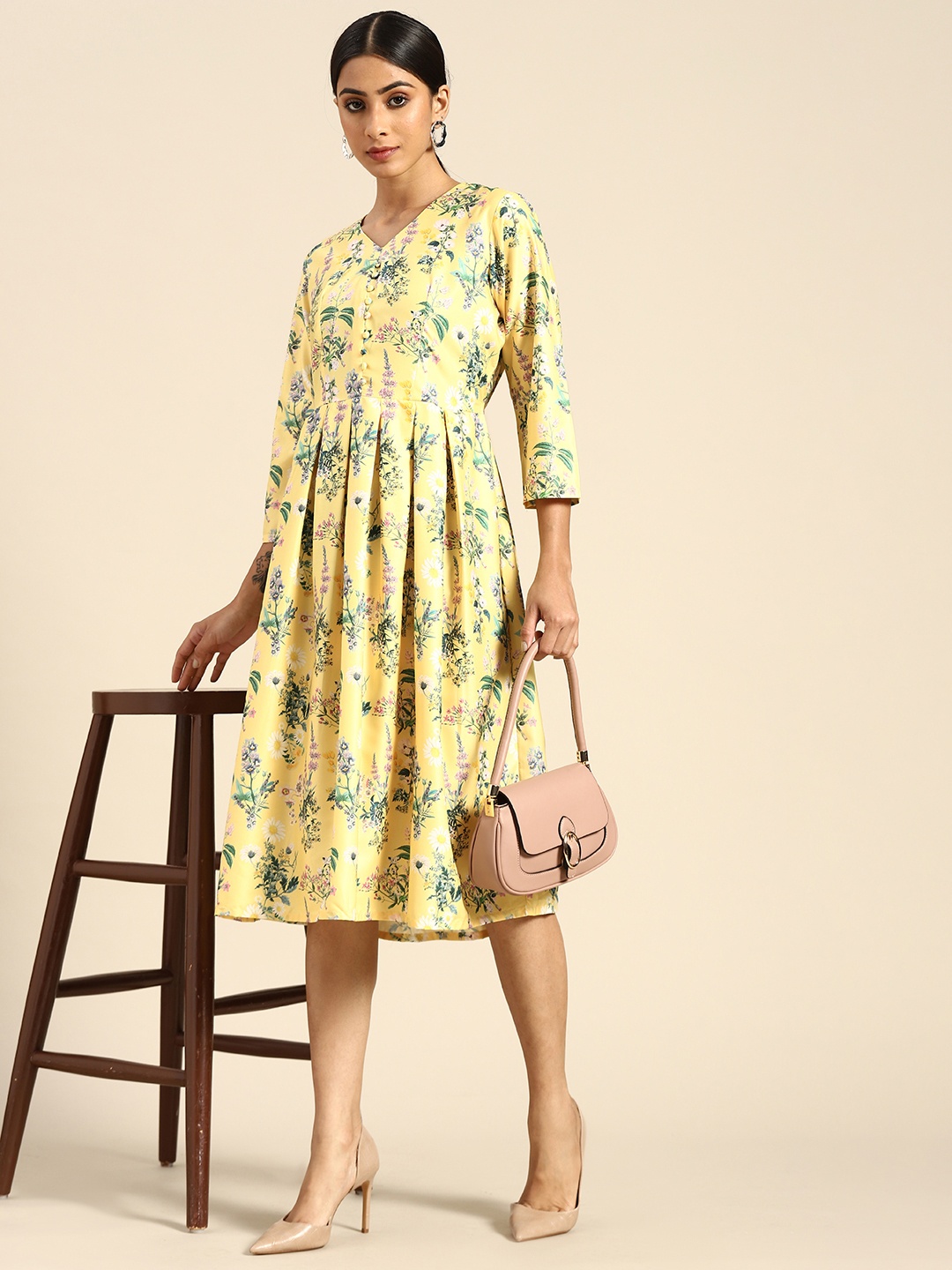 

all about you Mustard Yellow & Green Floral Crepe A-Line Midi Dress