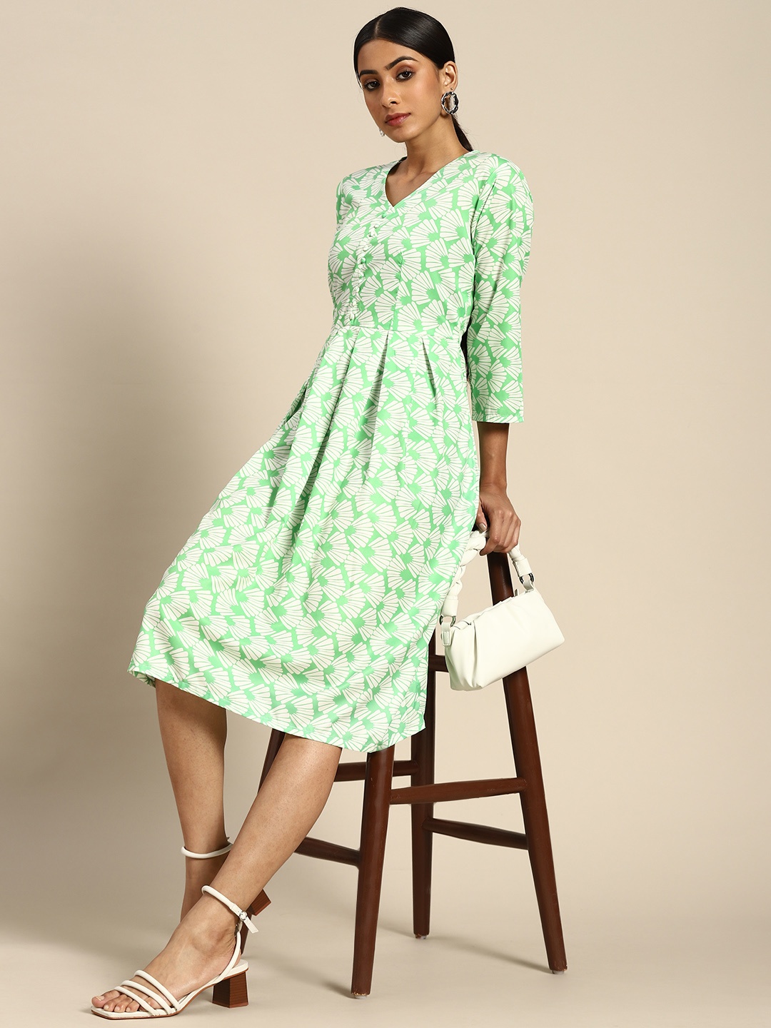 

all about you Green & White Crepe A-Line Midi Dress