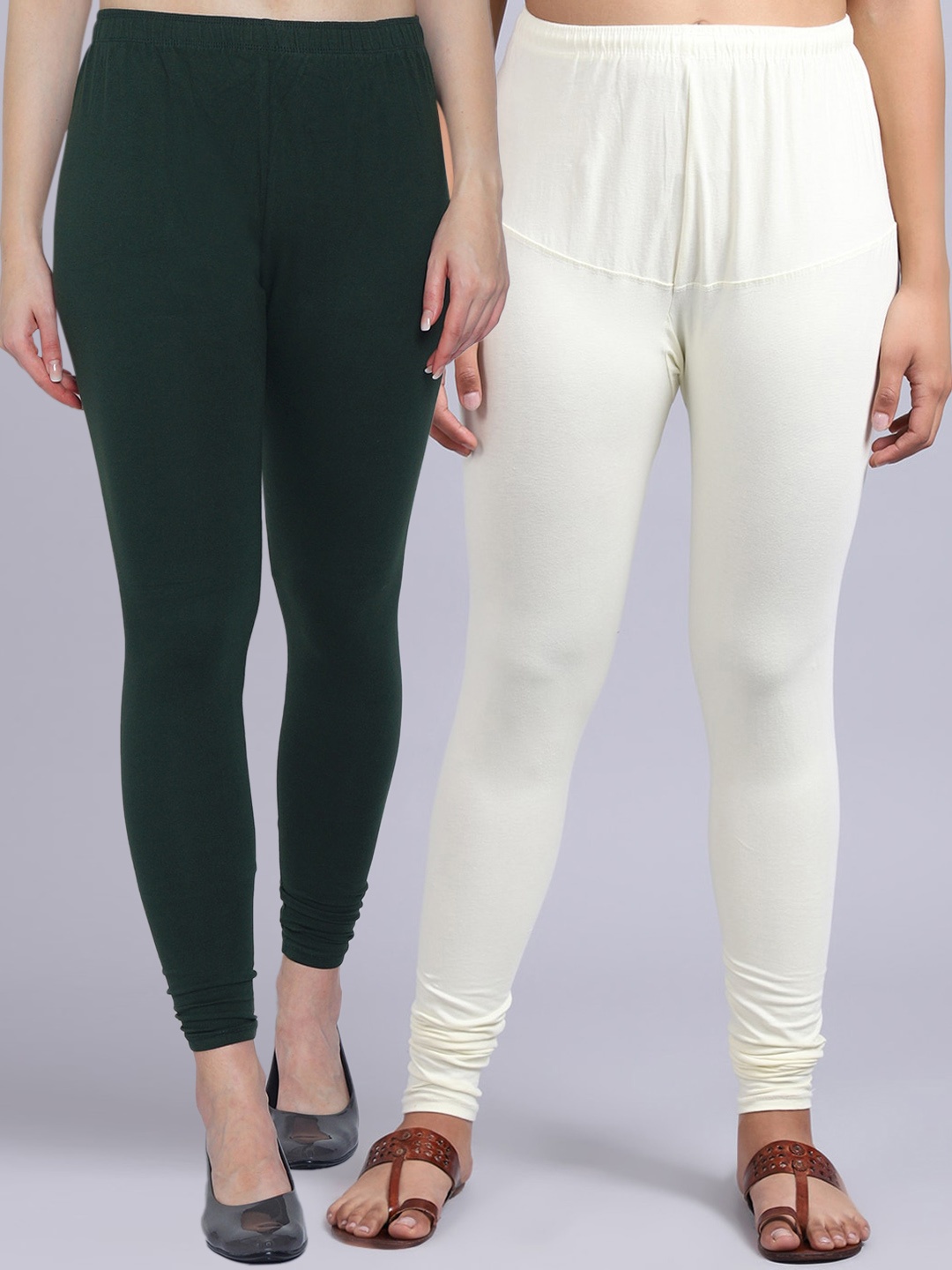 

Jinfo Women Pack Of 2 Solid Churidar Length Leggings, Green