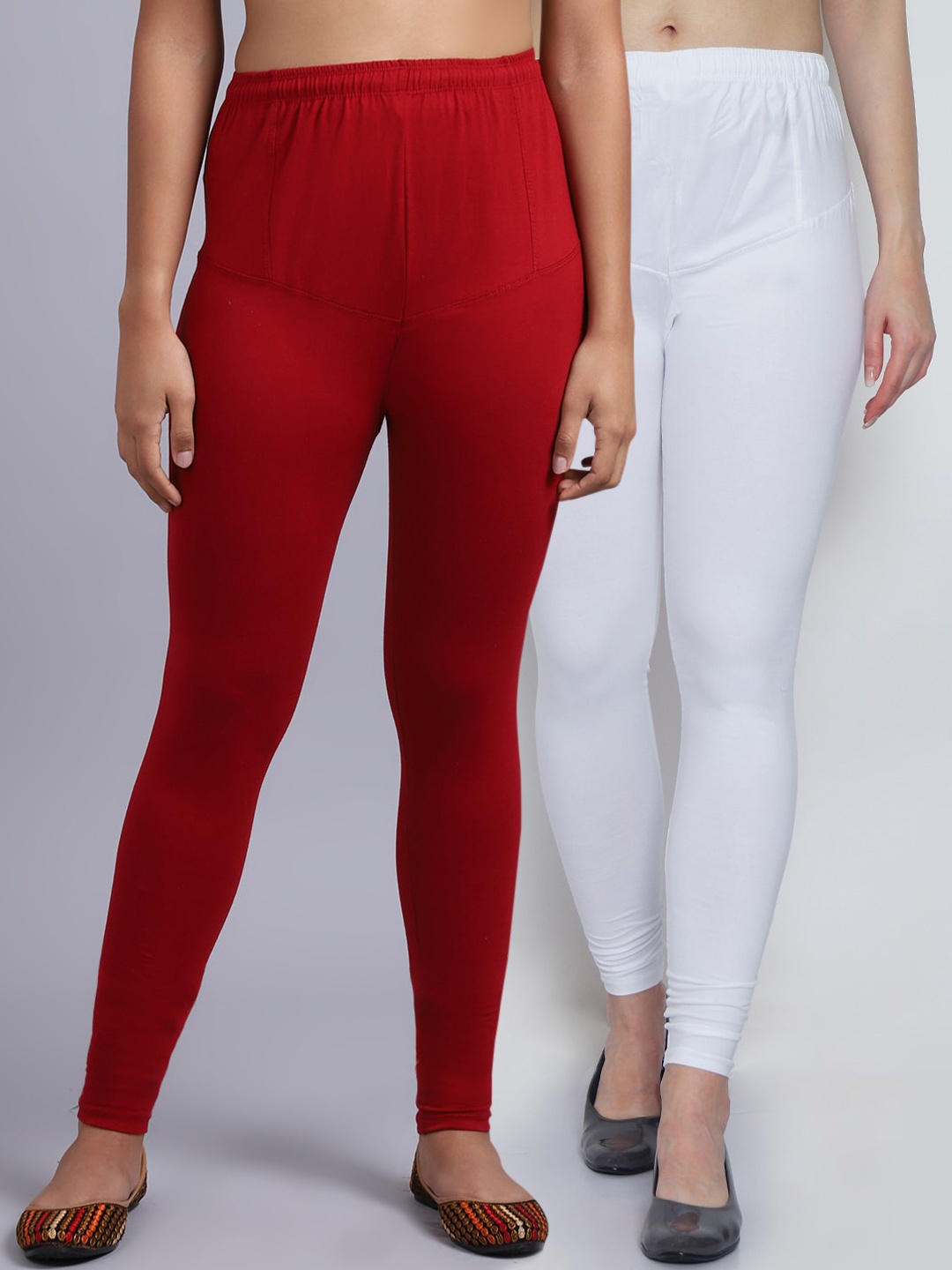 

Jinfo Women White Maroon Four Way Lycra Solid Belt Legging Pack Of 2