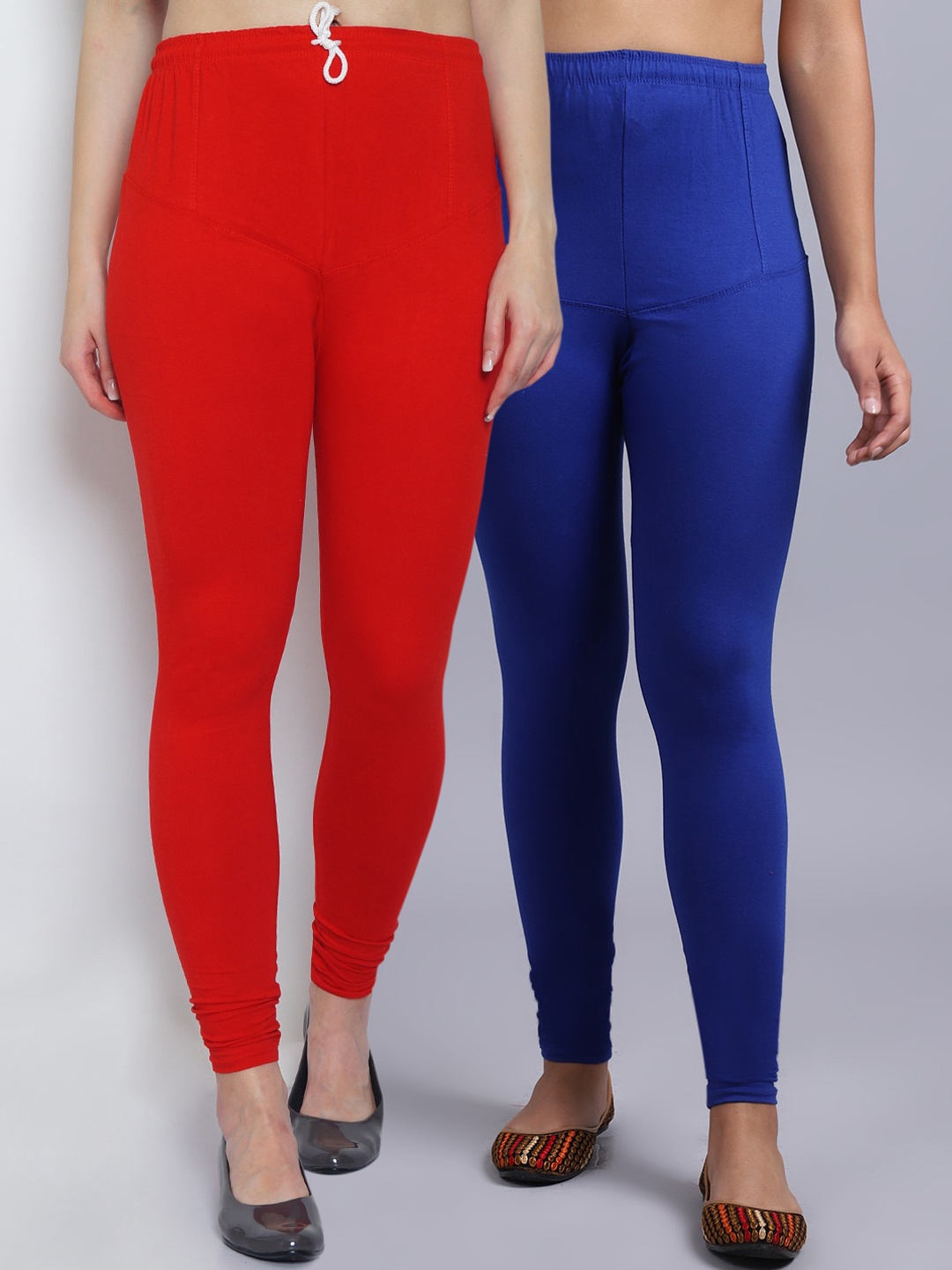 

Jinfo Women Pack of 2 Solid Red & Blue Churidar-Length Leggings