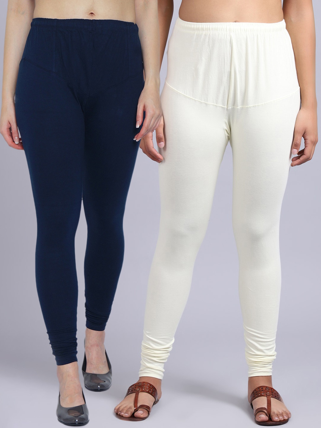 

Jinfo Women Pack of 2 Solid Navy Blue & Cream Churidar-Length Leggings