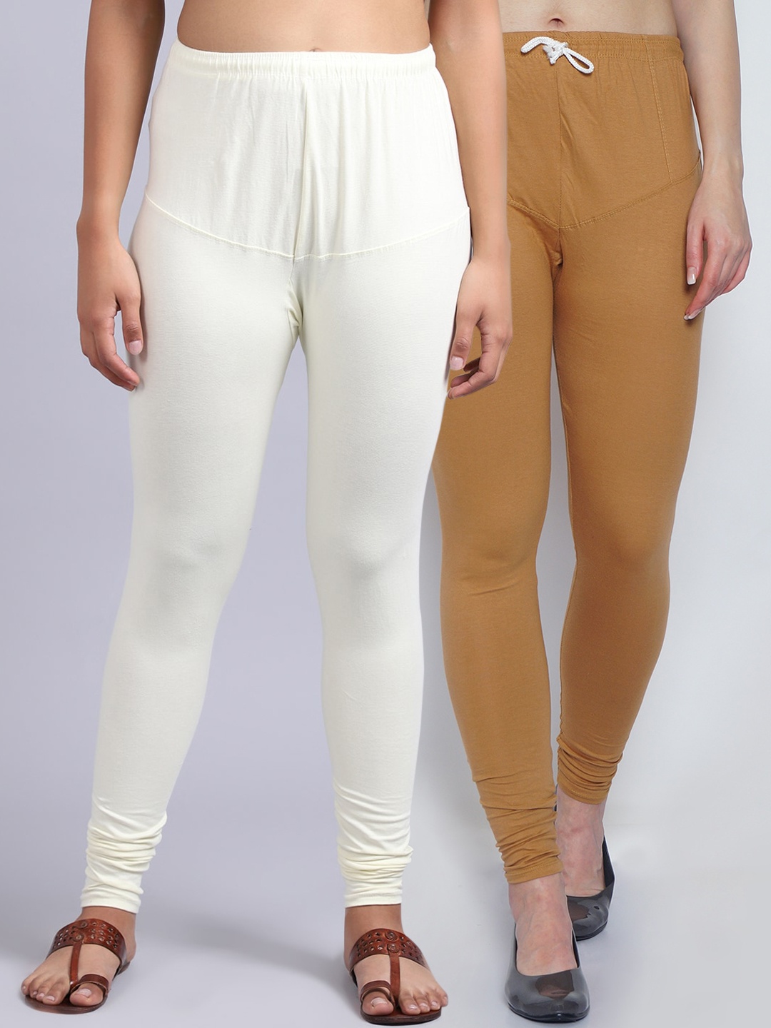

Jinfo Women Pack Of 2 Solid Churidar-Length lycra Solid Belt legging, Beige