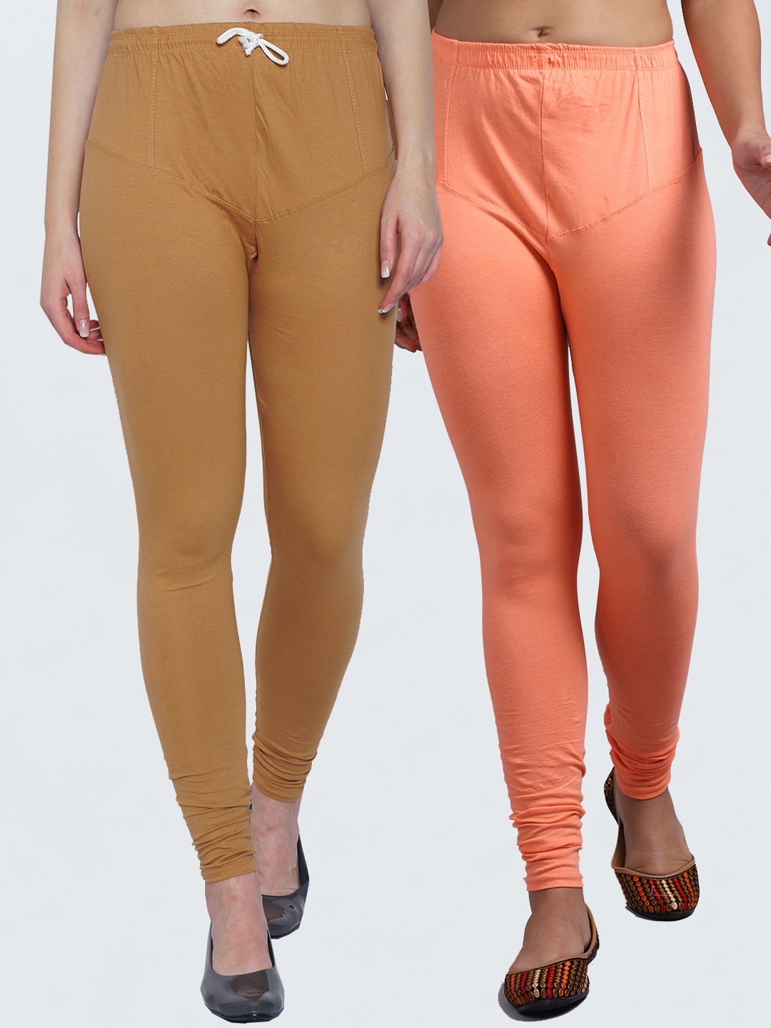 

Jinfo Women Pack Of 2 Peach-Colored & Beige-Colored Solid Ankle Length Leggings