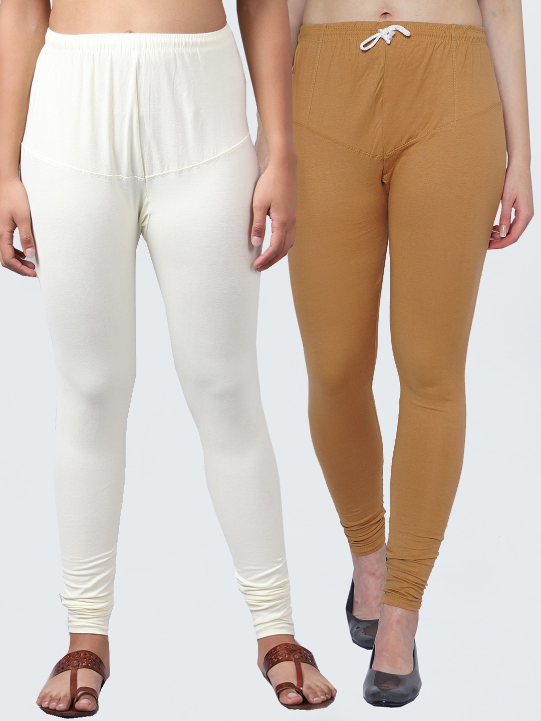 

Jinfo Women Off-White Beige Pack Of 2 Solid Churidar Length Cotton Leggings