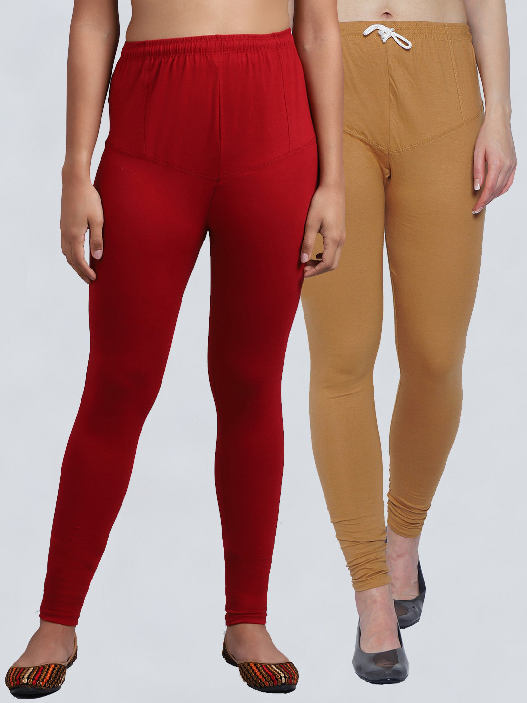 

Jinfo Women Pack Of 2 Maroon & Nude-Colored Solid Churidar Length Leggings