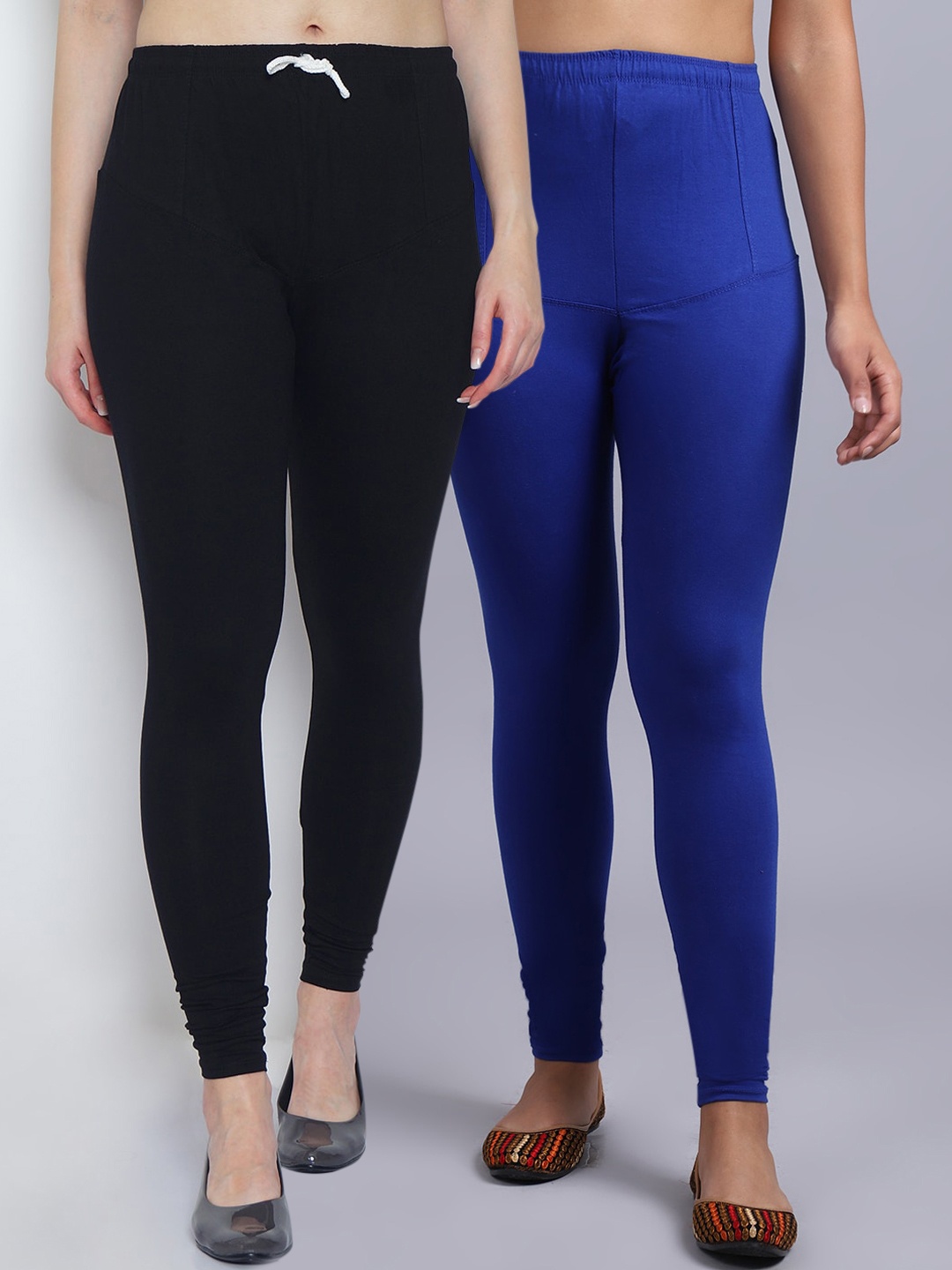 

Jinfo Women Pack Of 2 Black & Blue Solid Churidar Length Leggings