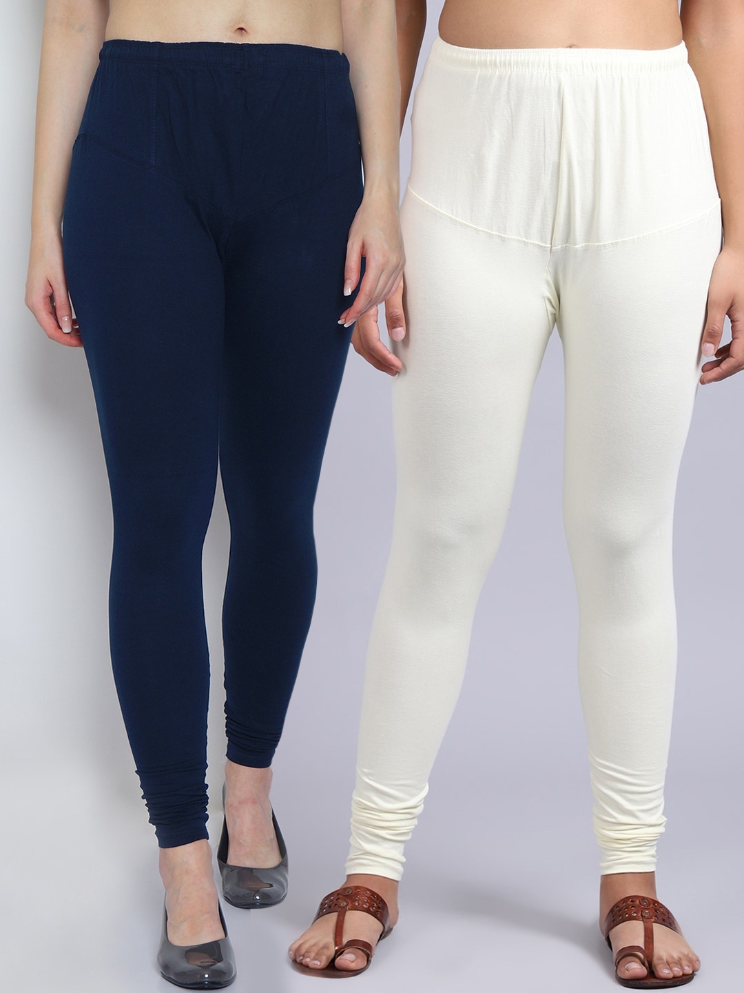 

Jinfo Women Pack Of 2 Navy Blue & Off White Solid Churidar-Length Leggings