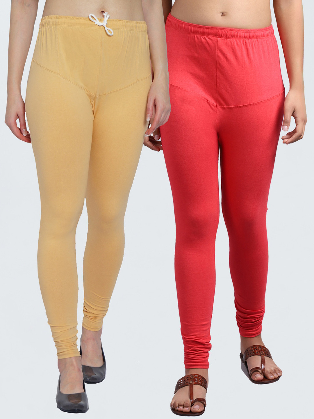 

Jinfo Women Pack of 2 Solid Beige and Orange Churidar Length Leggings